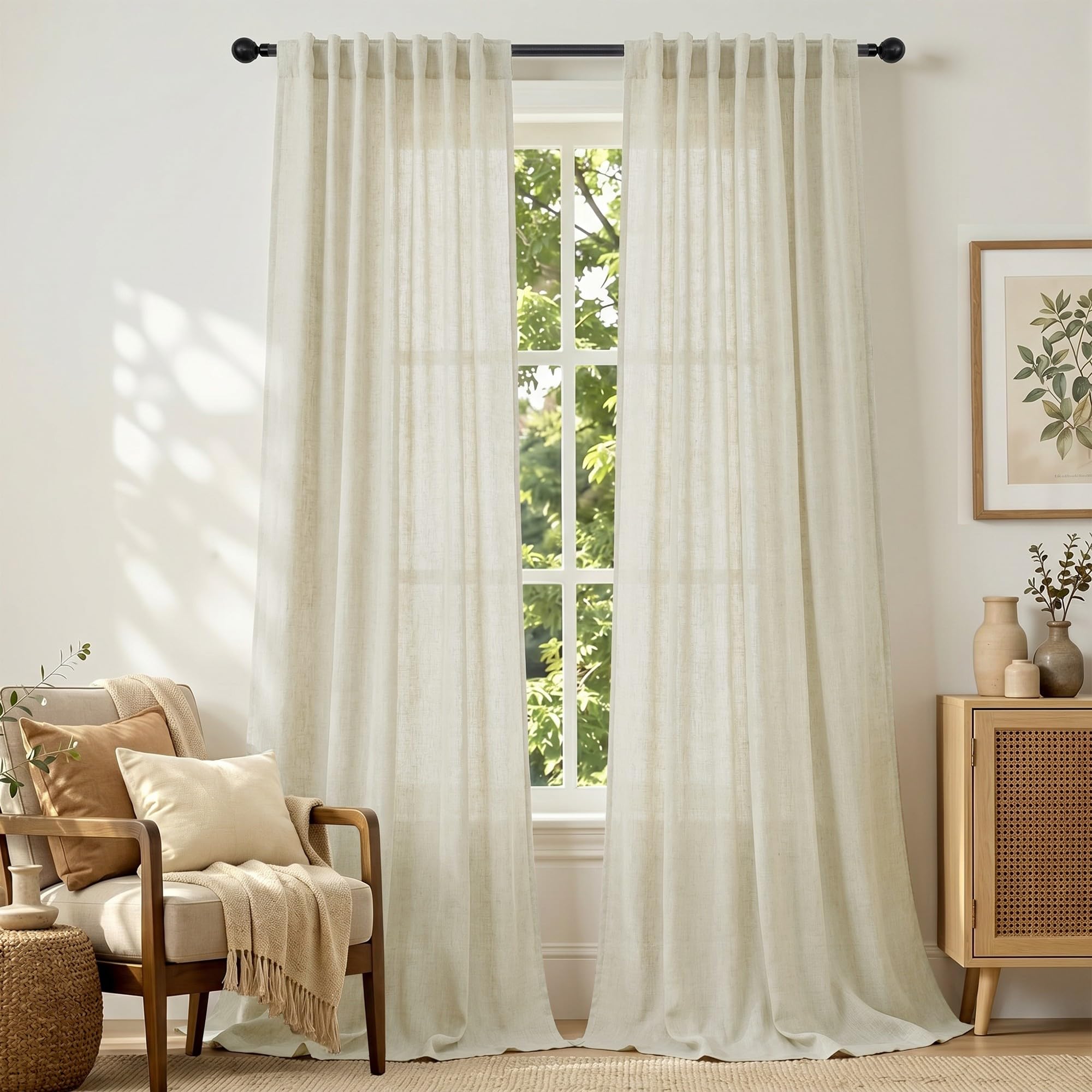 DANCURTON Linen Colored Back Tab Sheer Linen Blend Curtains 42x95 Inch Length, DT-APCL-HFM-Linen-42x95
