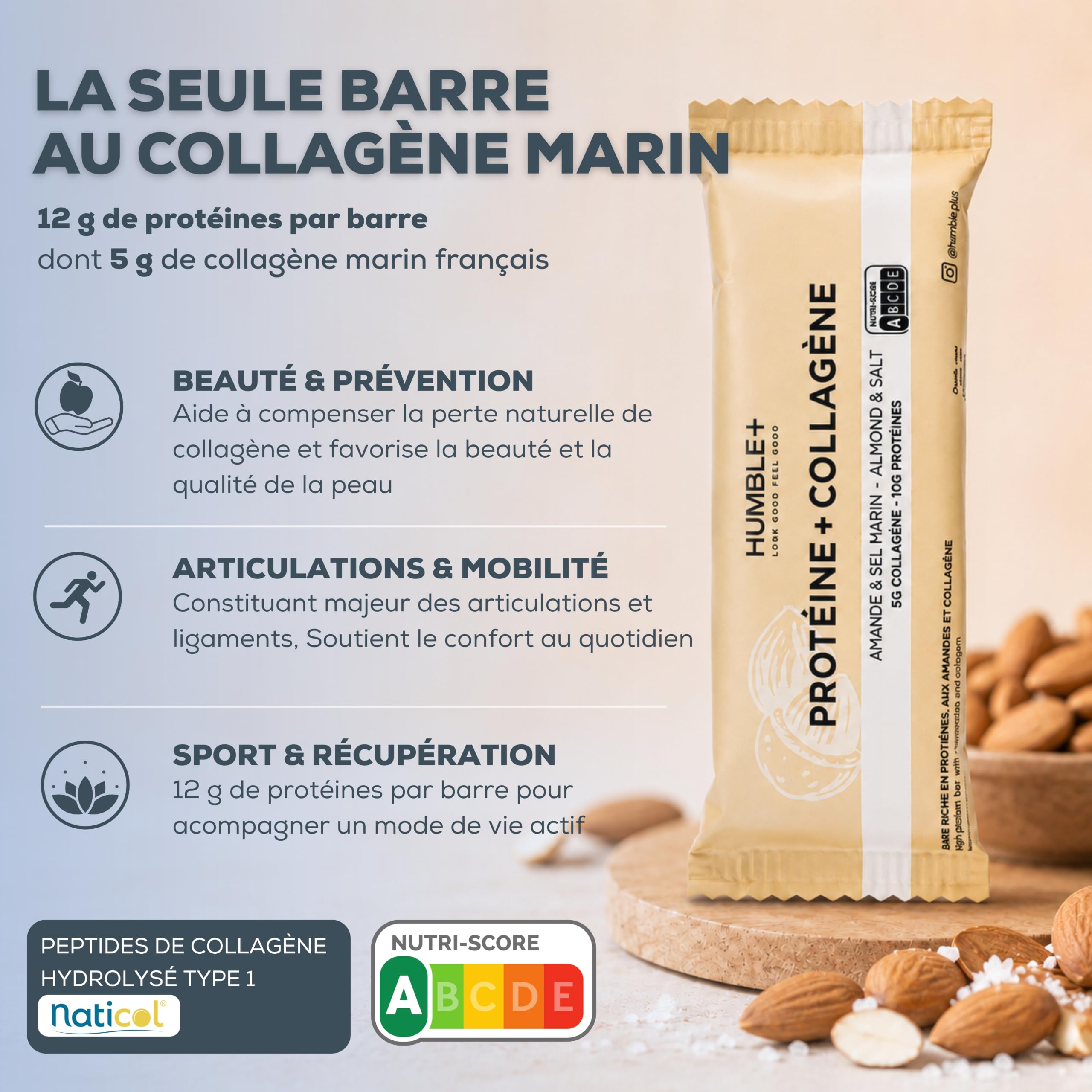 Barres Proteinées au Collagène (5g) et Protéines (12g) - Goût Amandes - Pack de 12 barres x 46g - Riche en Fibres, Sans sucre ajouté, Sans gluten, Sans huile de palme - Humble+