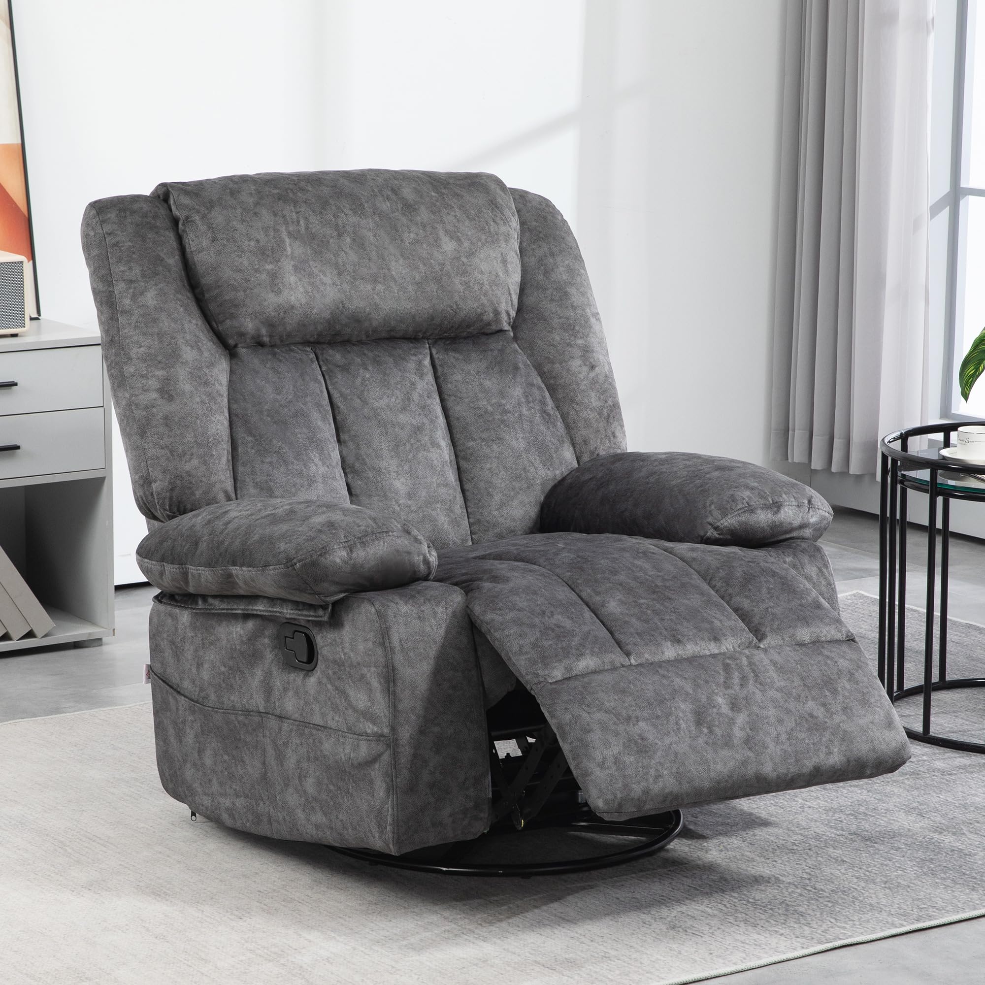 HOMCOM Swivel Rocker Recliner Chair for Living Room, Fabric Reclining Chair with Cushion, Rocking Chair with Footrest, Side Pockets, Charcoal Gray