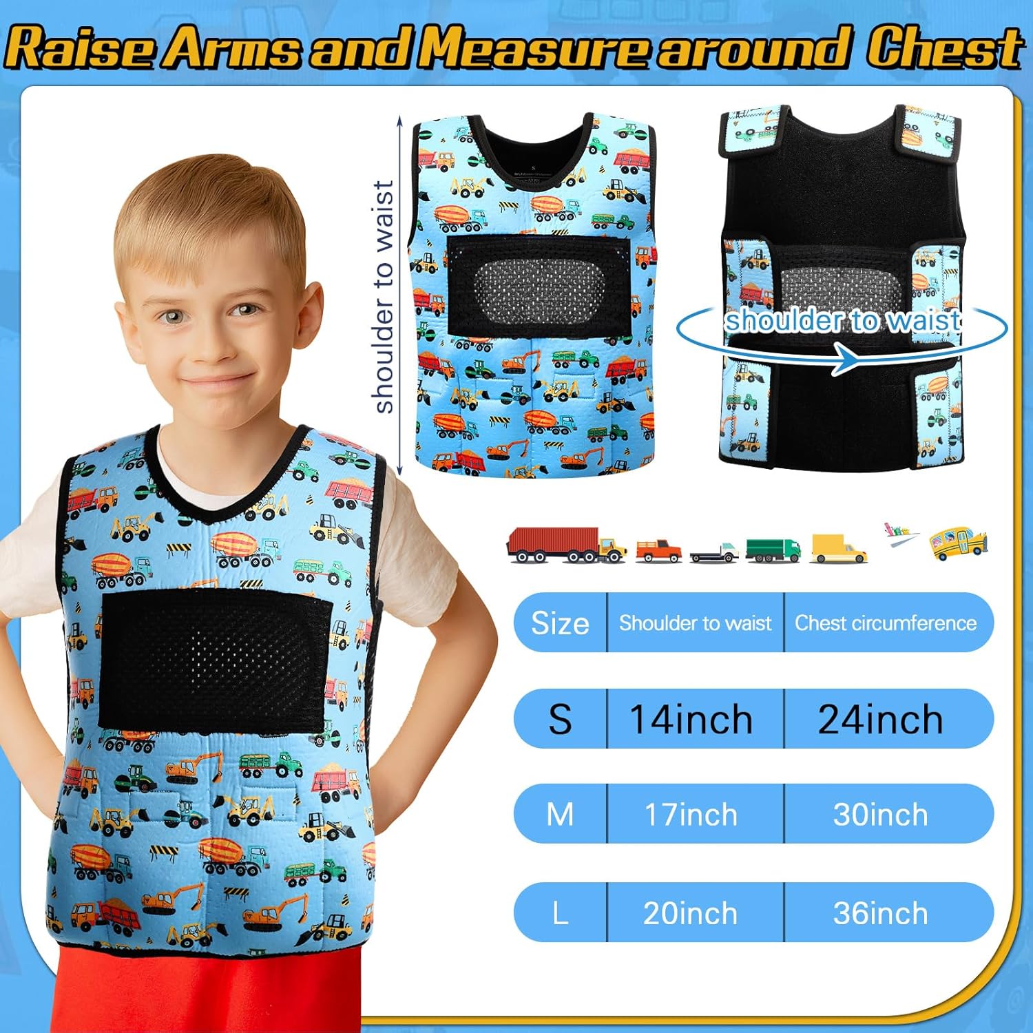 Janmercy Weighted Vest for Kids Ages 4 to 7 and Ages 8+ Boy Girl Adjustable Breathable Compression Vest for Processing Issue(Truck,Small,Dark Blue) Small Truck Multi