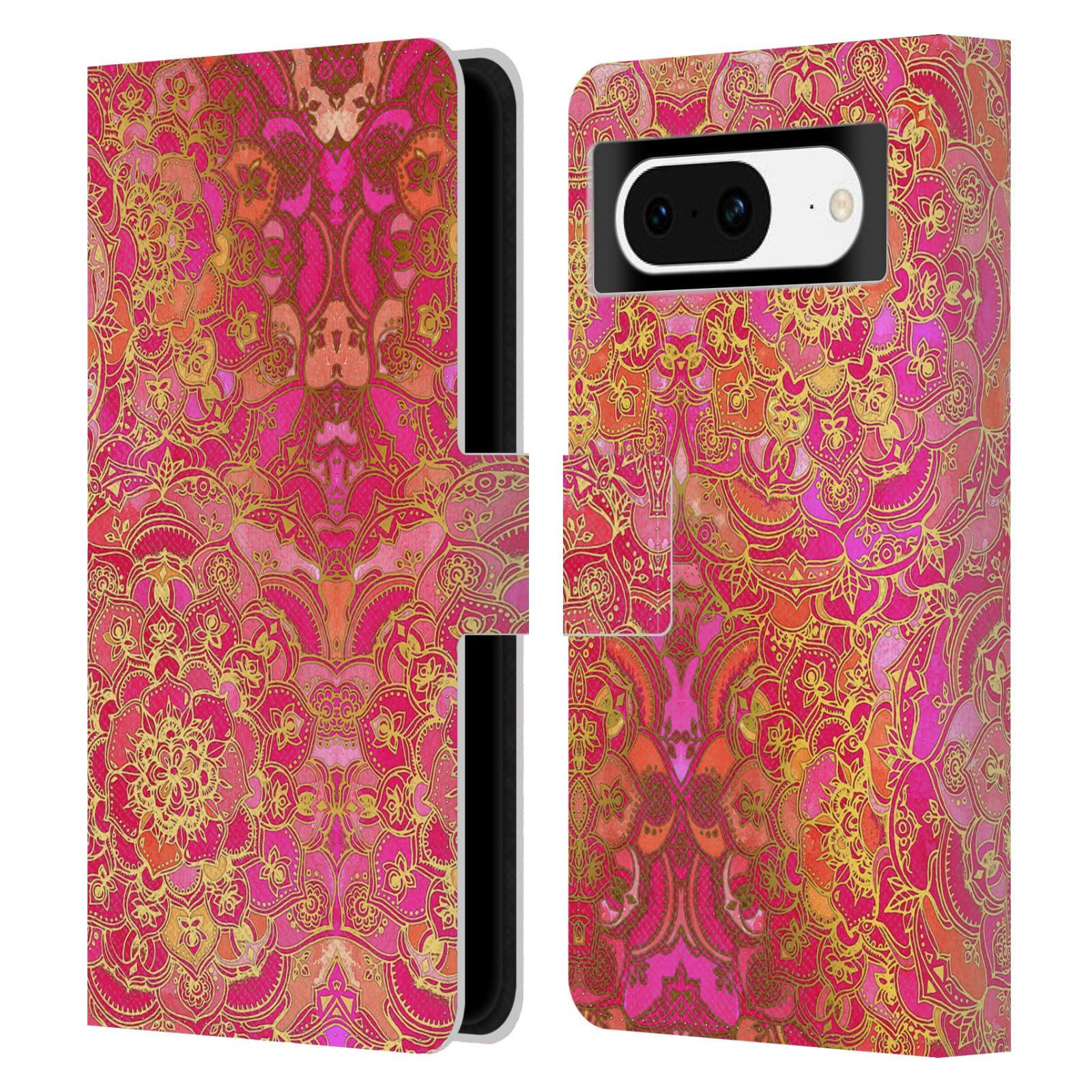 Head Case Designs Officially Licensed Micklyn Le Feuvre Hot Pink Gold and Orange Mandala Leather Book Wallet Case Cover Compatible With Google Pixel 8