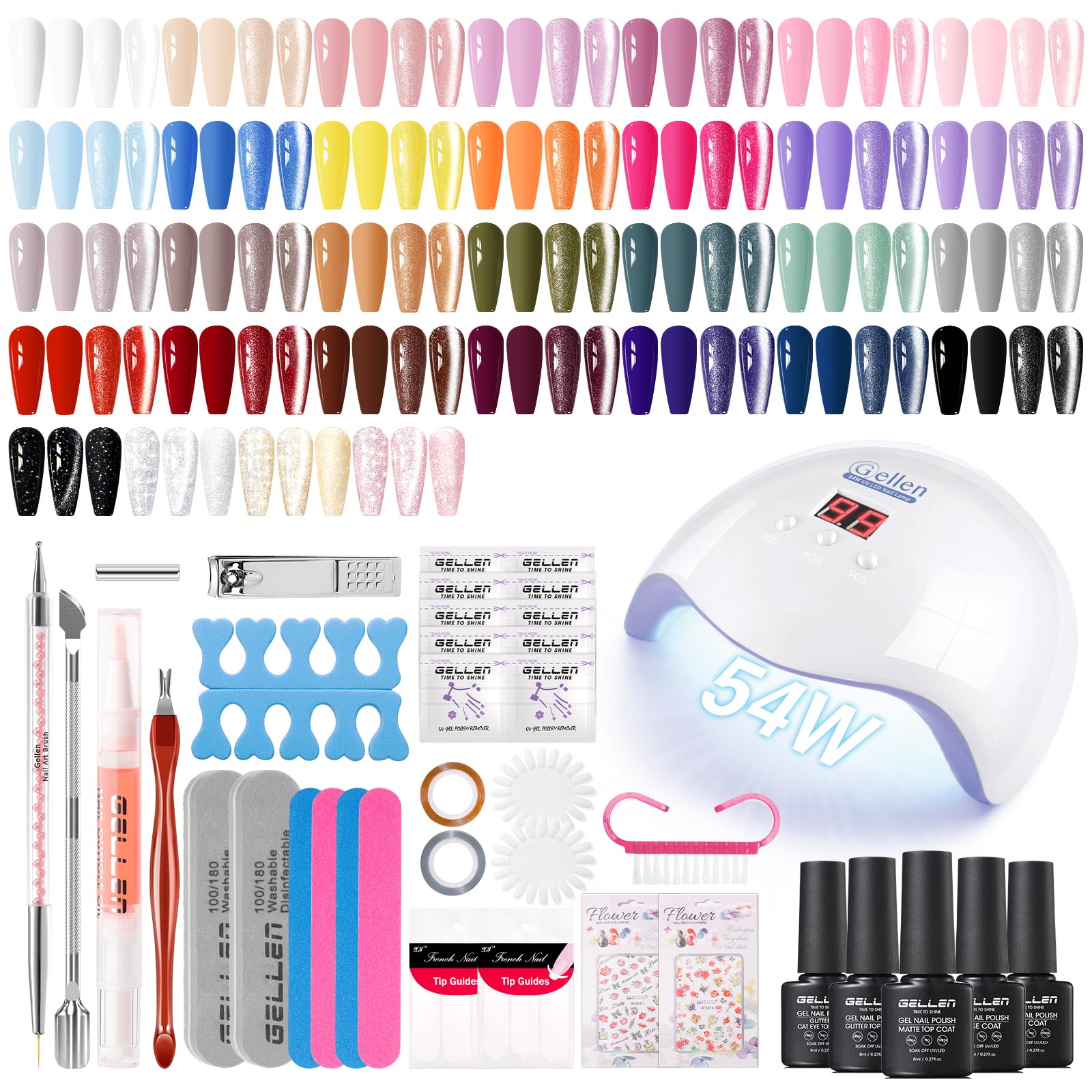 gellen 71pcs gel nail polish kit with u v light, 32pcs all seasons color hema-free gelnail polish set with 5pcs functional gel top and base coat, nail art manicure salon nail kit for women