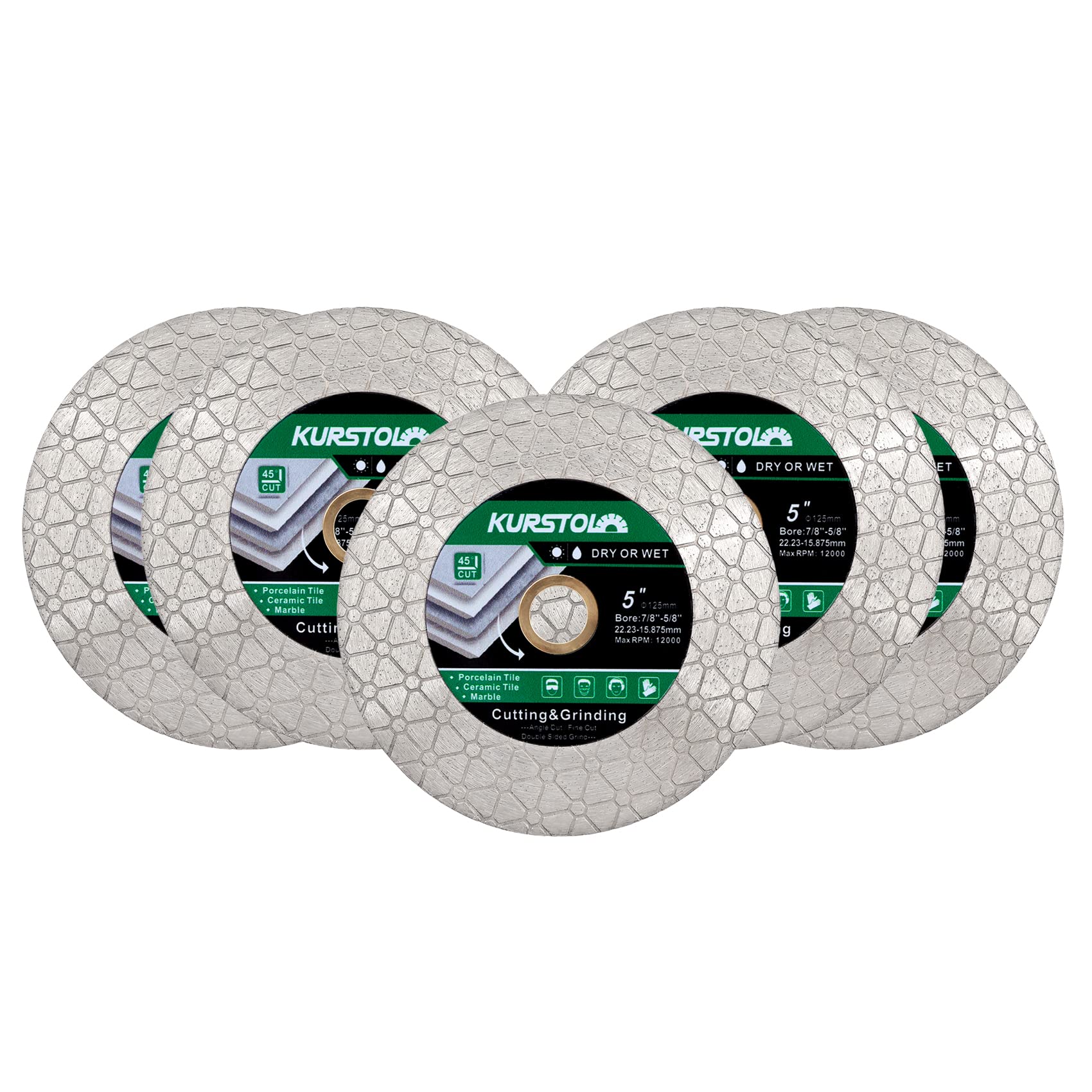 KURSTOL Tile Diamond Saw Blade - 5pcs 5"/125mm Dual-Purpose Diamond Cutting Disc,Angel Grinder Blade Arbor 7/8"-5/8" for Cutting and Grinding Ceramic Tiles,Porcelain,Granite,Marble