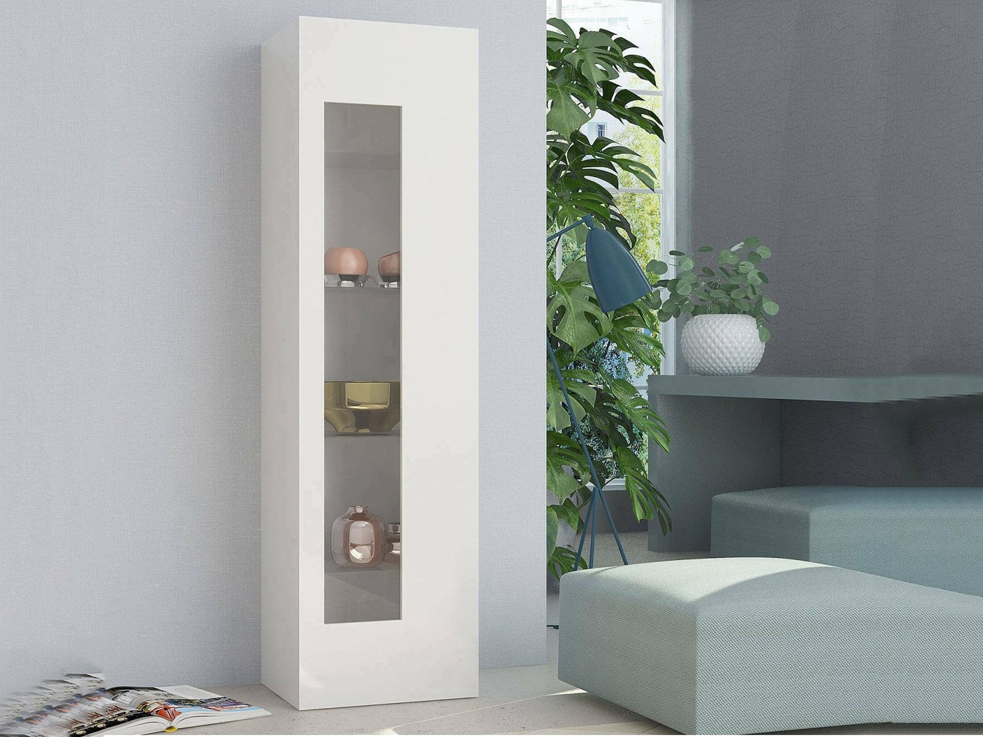 Dmora - Vitrine Mimmo, Buffet avec porte vitrée, Meuble de salon polyvalent, 100% Made in Italy, 45x34h162 cm, Blanc brillant