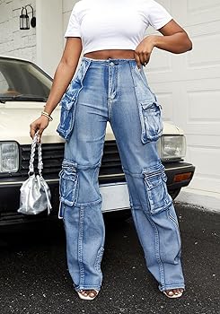 Vaceky Stretch Cargo Jeans Women Straight Leg Side Zipper