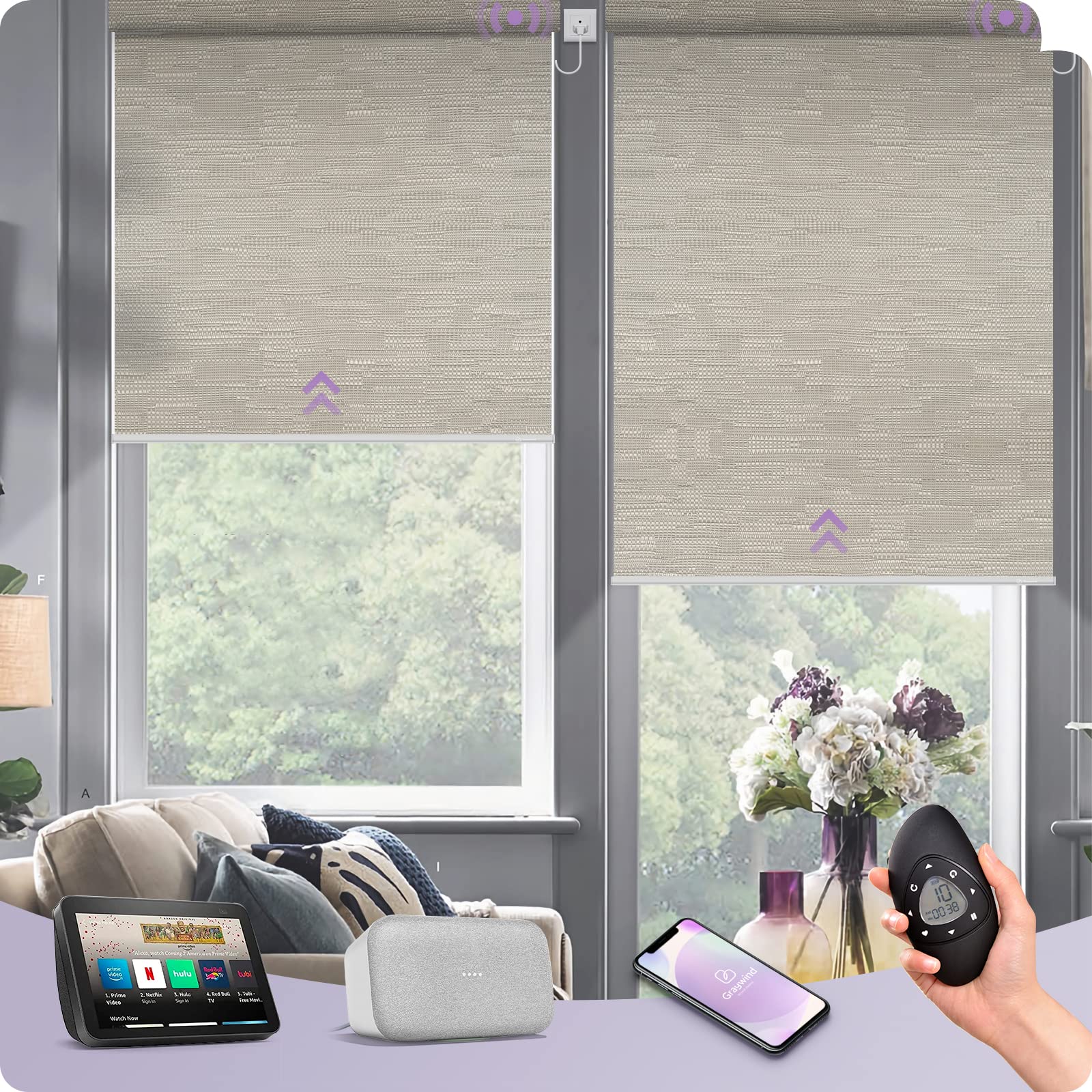 Graywind Motorized Roller Shade 100% Blackout Compatible with Alexa Google Smart Home Control Hardwired Window Shades Thermal Insulated Cordless Window Blinds, Customized Size (Jacquard Coffee)