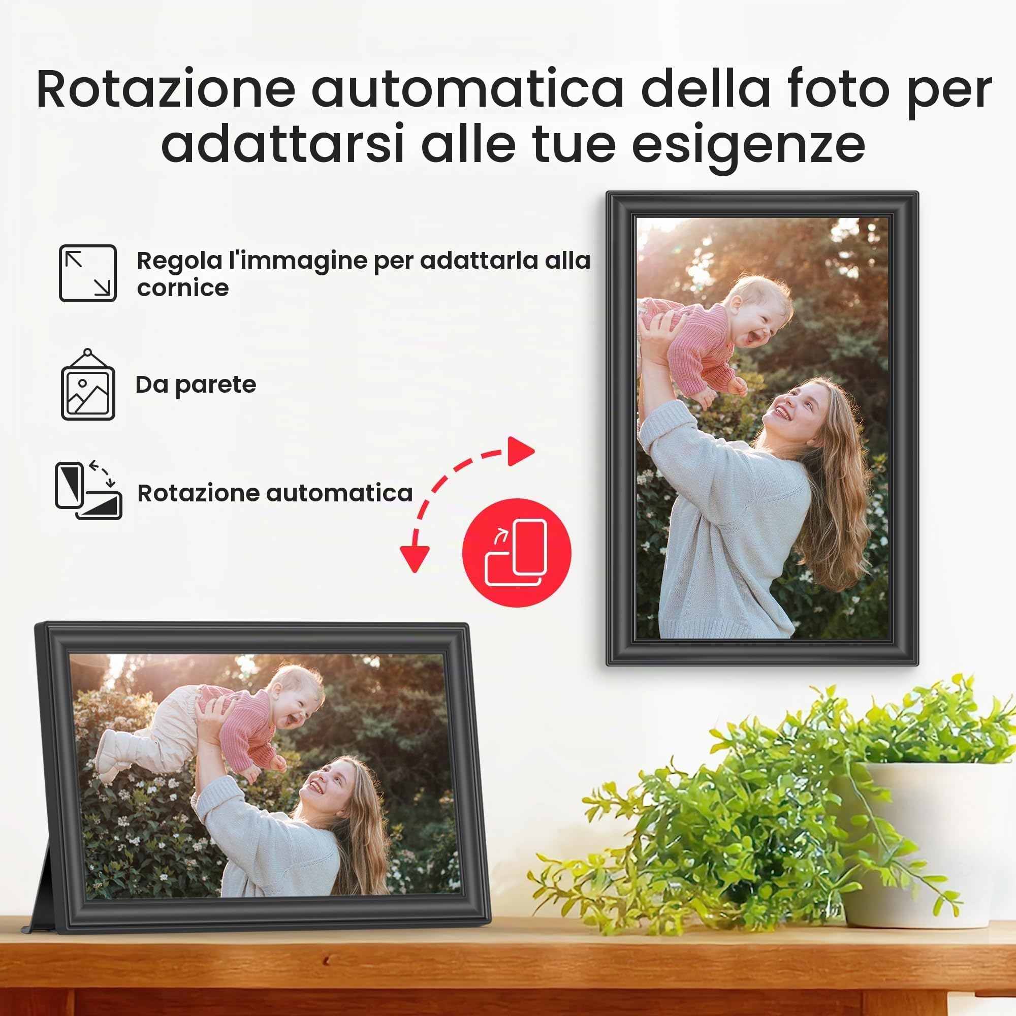 Thomson Cornice Digitale 15 Pollici, Schermo IPS, Touchscreen FHD, WLAN, Condivisione Diretta tramite App, Funzioni Smart, Cornice Fotografica Elettronica con 32 GB di Memoria, Rotazione Automatica