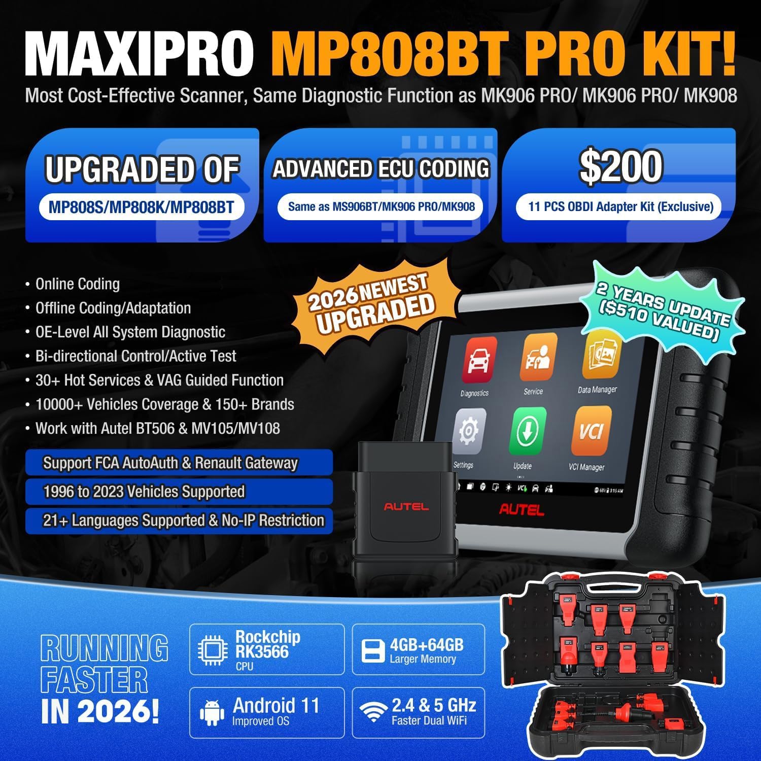 Autel MaxiPRO MP808BT Pro Kit Bezprzewodowy Skaner Diagnostyczny, 2024 Ulepszony MP808 MP808K,Test Aktywny, 30+ Usług, Diagnostyka Wszystkich Systemów,Sam Jak MS906, Klucz IMMO, Reset Oleju