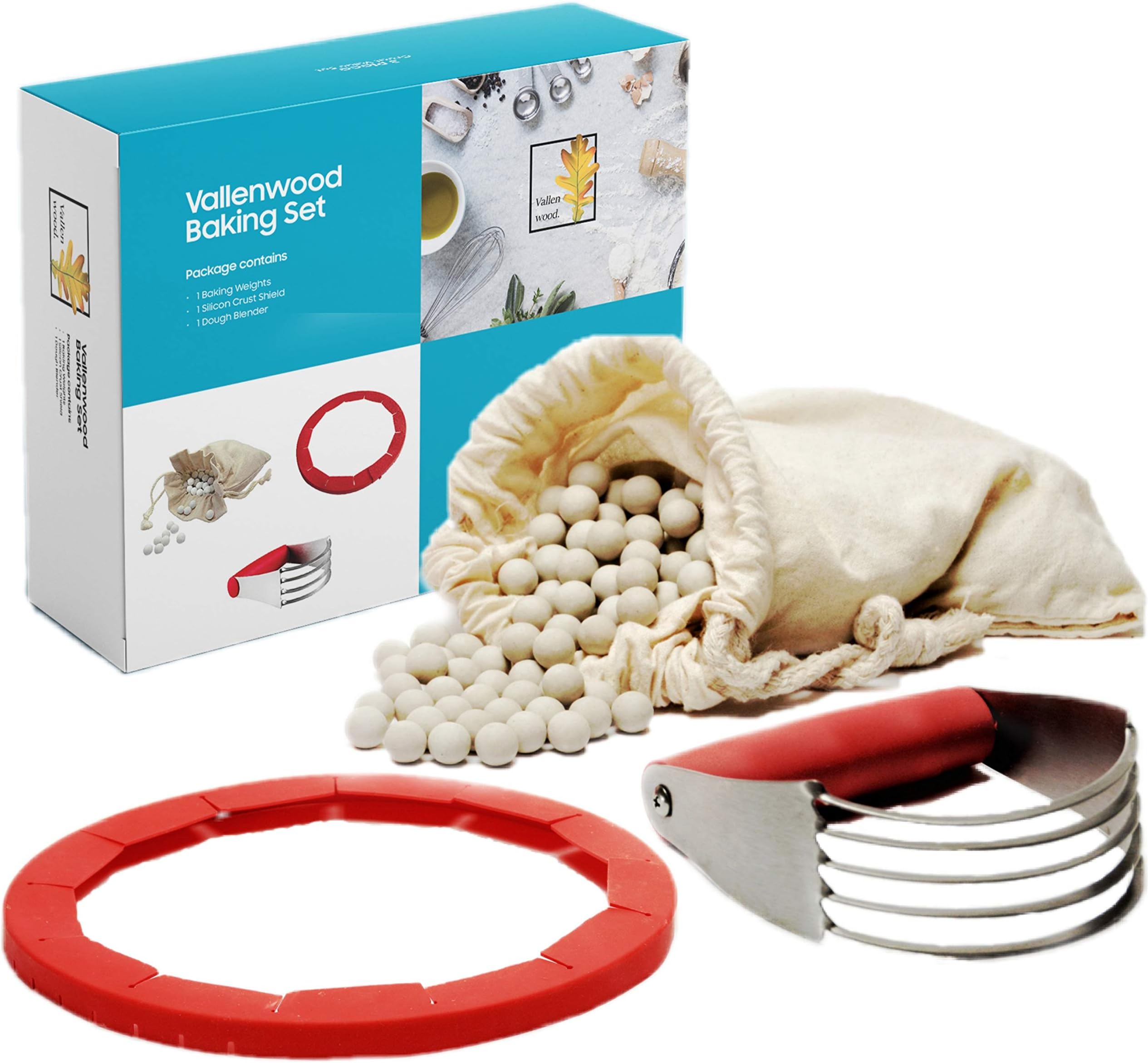 3 Pieces Baking Set: 1.1 lb. Pie Weights, Silicone Crust Adjustable Edge Protector Shield And Dough Blender. Great Value! Pie Beans Weights Stones Ceramic Pan. By Vallenwood!