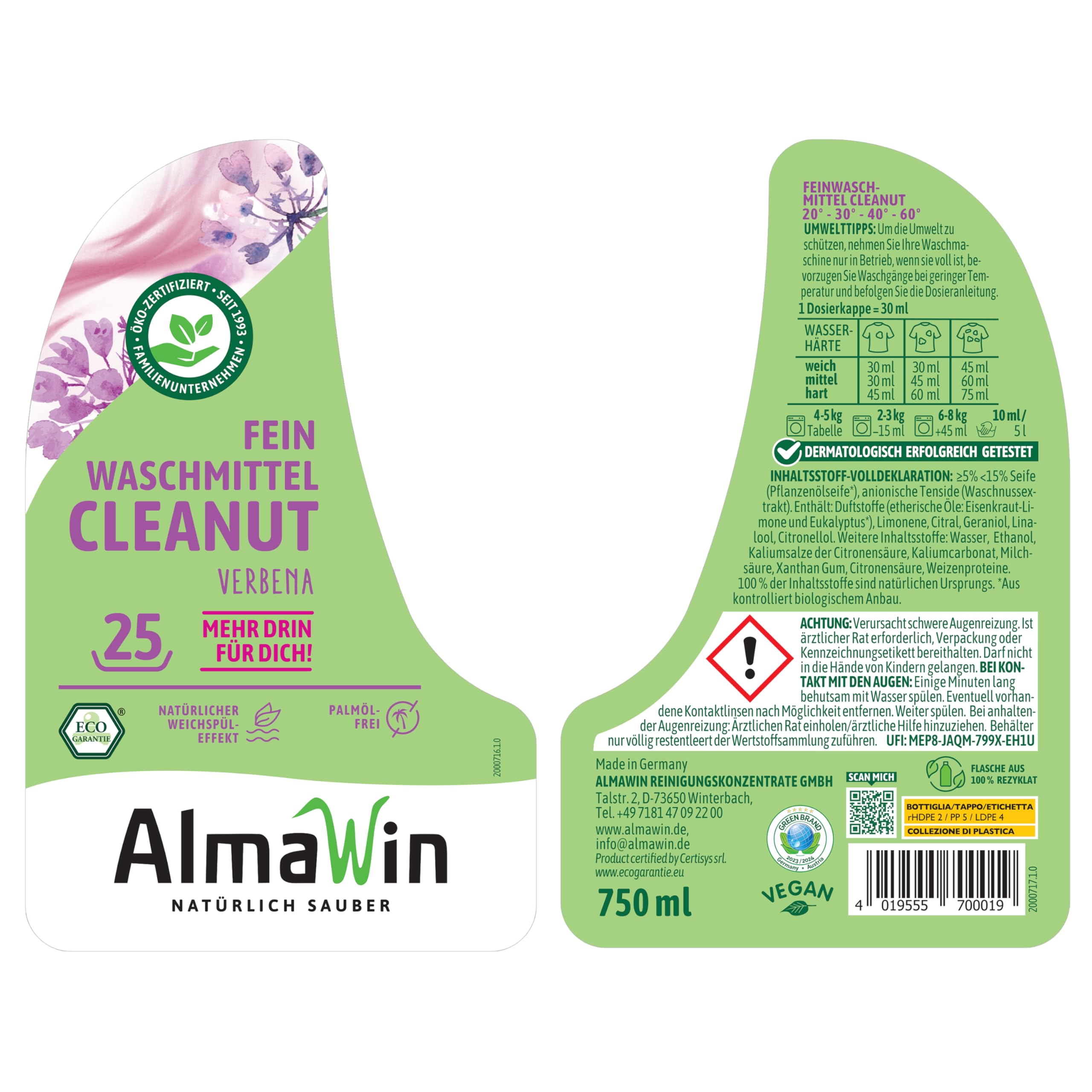 AlmaWin® Feinwaschmittel Cleanut [6x 750ml - 150 Ladungen] mit Waschnuss-Extrakt - Waschmittel mit Verbena-Duft für Feines & Buntes [20-60°C] - Flüssiges Waschmittel Natur - Öko, VEGAN & Palmölfrei