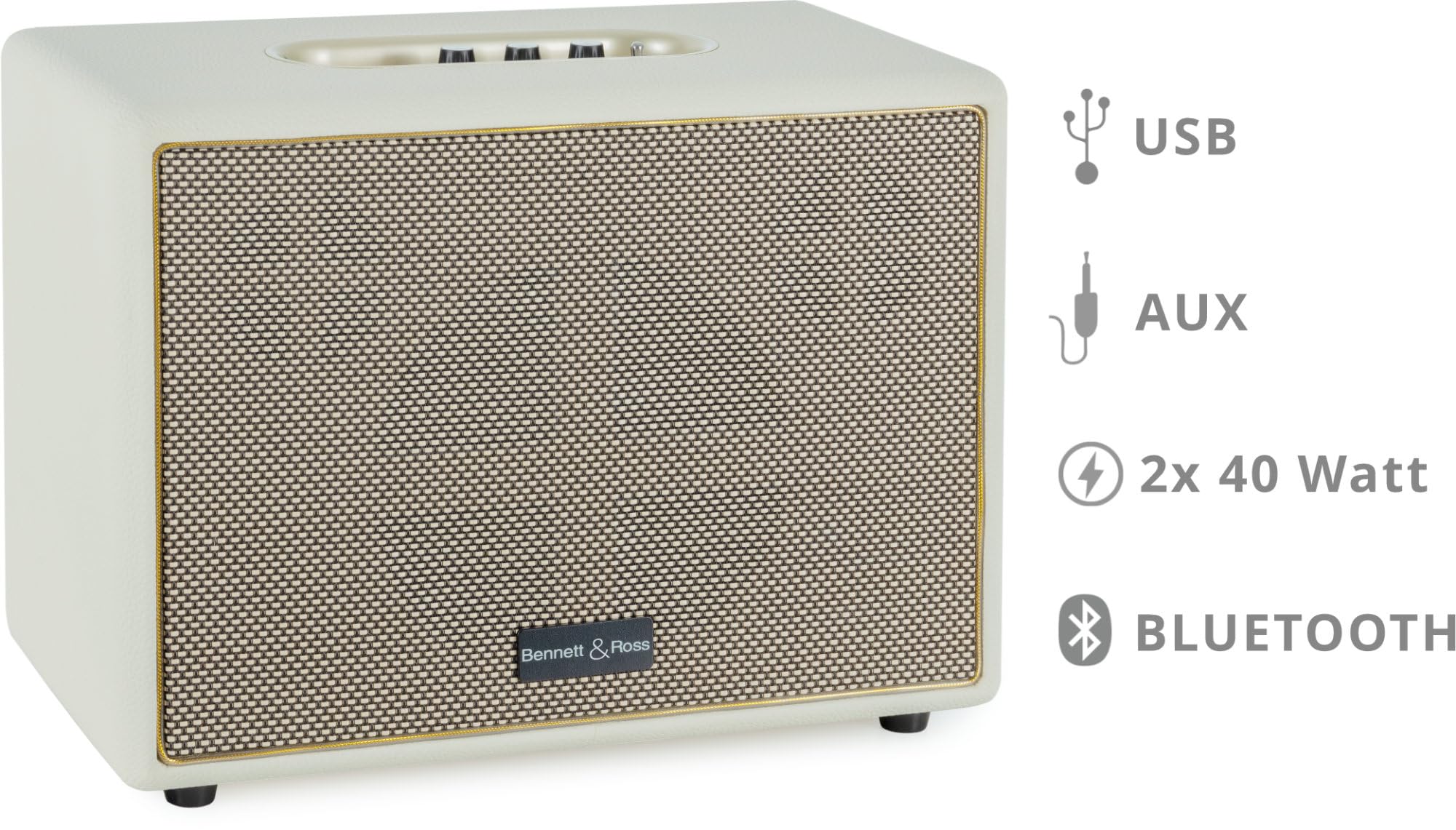 Bennett & Ross BB-880CW Blackmore Giant – głośnik retro Bluetooth o wyglądzie skóry – funkcja TWS – głośnik vintage o mocy 2 x 40 W – wejście USB z odtwarzaczem MP3 – złącze AUX – kremowo-biały