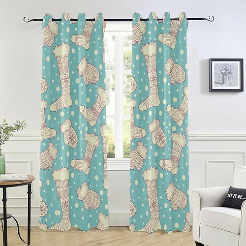 Merry Christmas Snowflake Blue Socks Blackout Curtains for Bedroom 84 inches Length Window Cover for Bedroom & Living Room Room Divider Bathroom