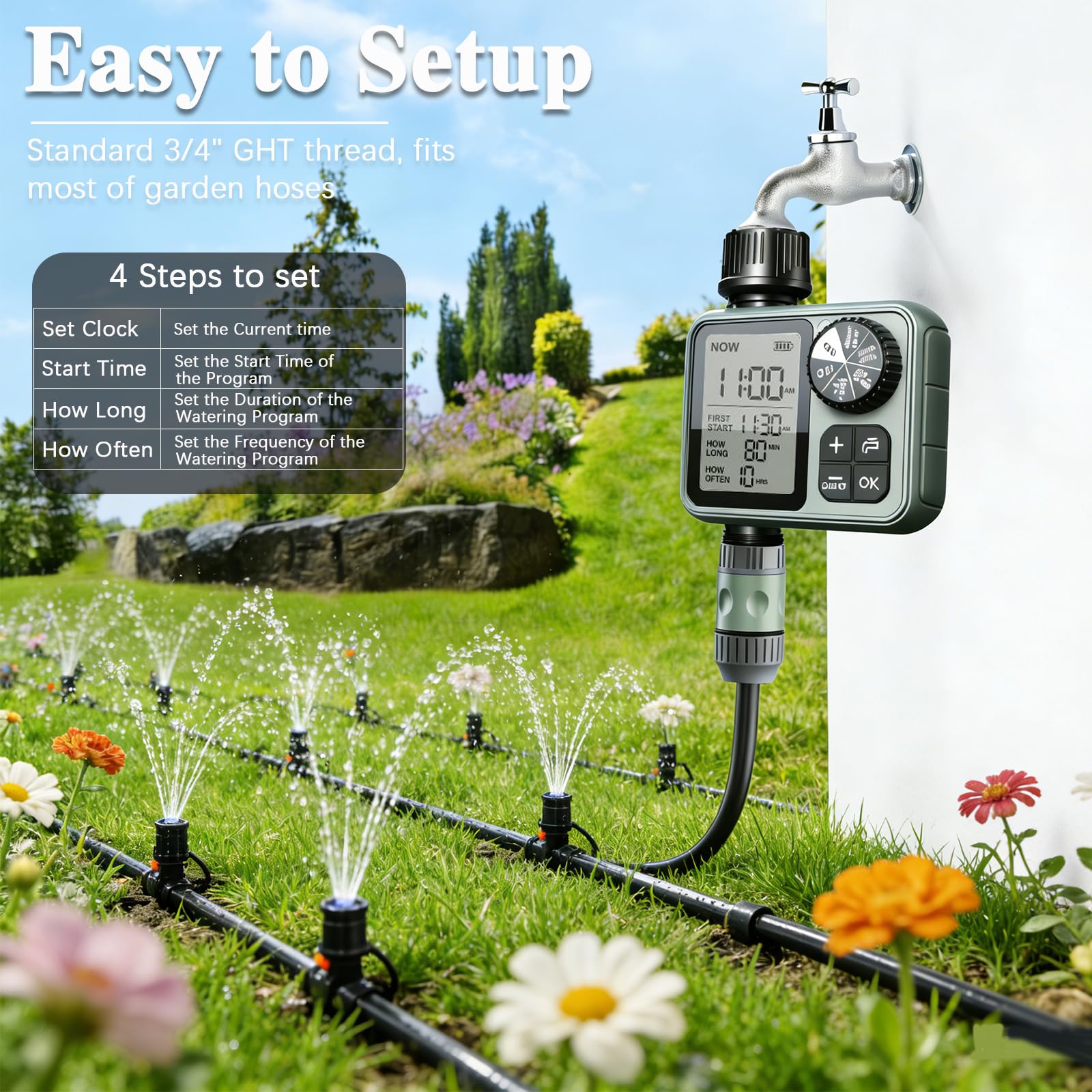 Timer irrigatore per tubo da giardino – Regolatore di irrigazione automatico con ritardo pioggia e modalità manuale, timer programmabile per tubo dell'acqua per prato, cortile, irrigazione a goccia