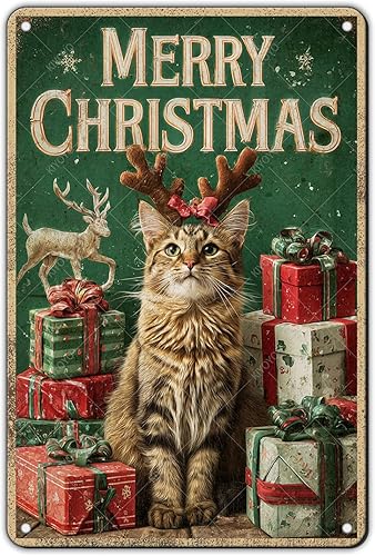 Cartel de regalo de Navidad con diseño de gato, decoración rústica de pared, letrero de metal vintage, decoración retro de Navidad para el hogar,