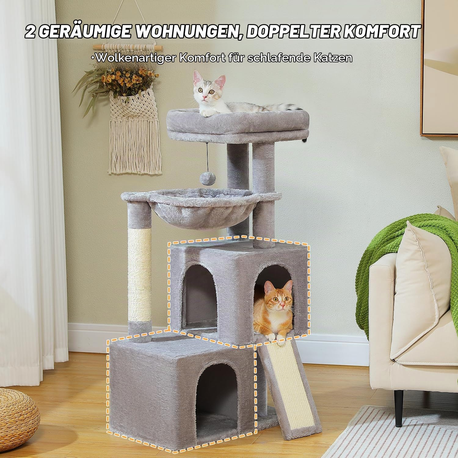 PETEPELA Kratzbaum 104cm Katzenbaum mit 2 geräumigen Höhle für Wohnungskatzen, Katzenhaus mit bequemer 40cm Hängematte, gepolsterter Sitzstange, Kratzpad und abziehbarer Spielball grau