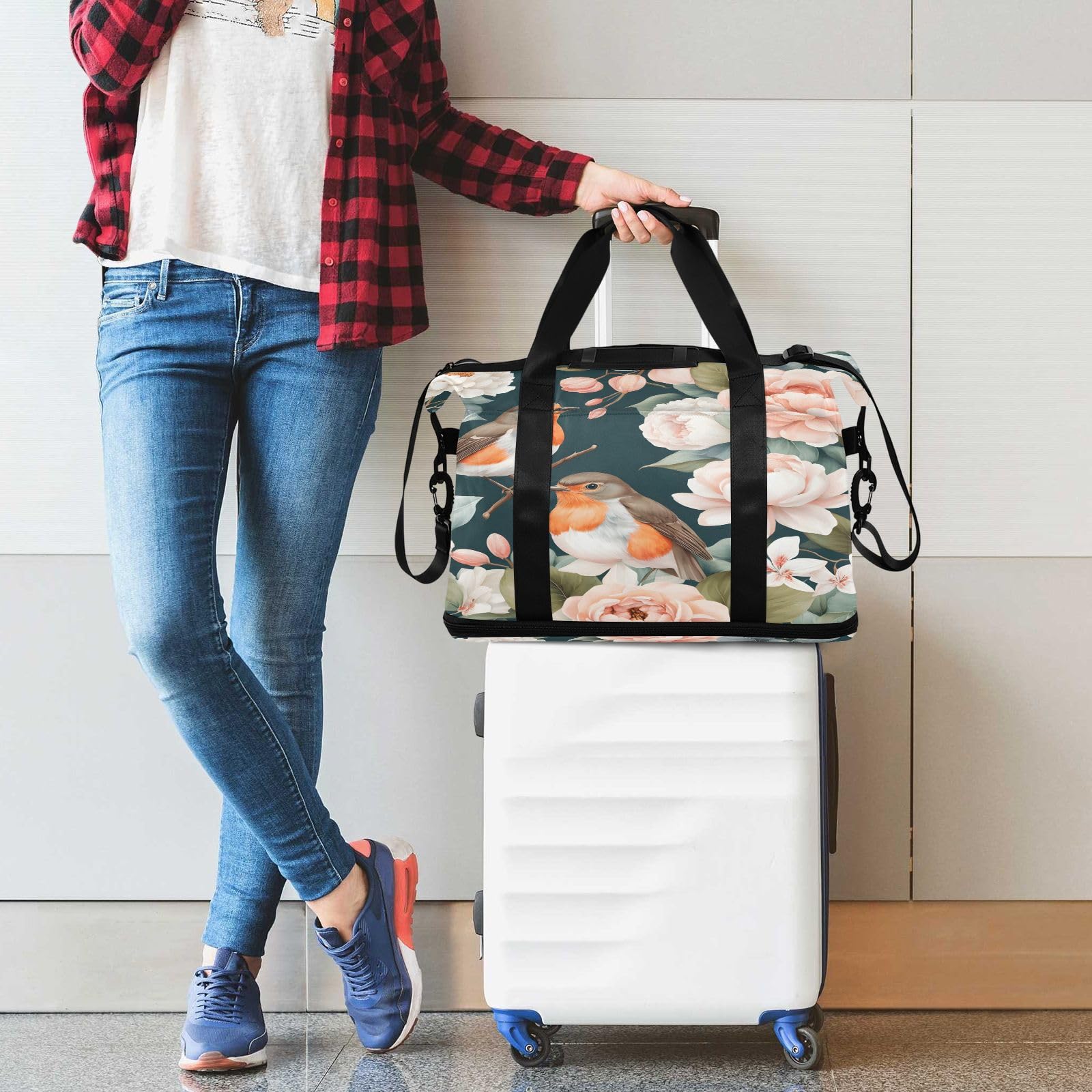 Borsa sportiva da palestra per uomini e donne, con pettirosso, pesca, rose, fiori, borsone da viaggio con scomparto per scarpe pieghevole, borsa da yoga per ragazzi e ragazze, borsa per la