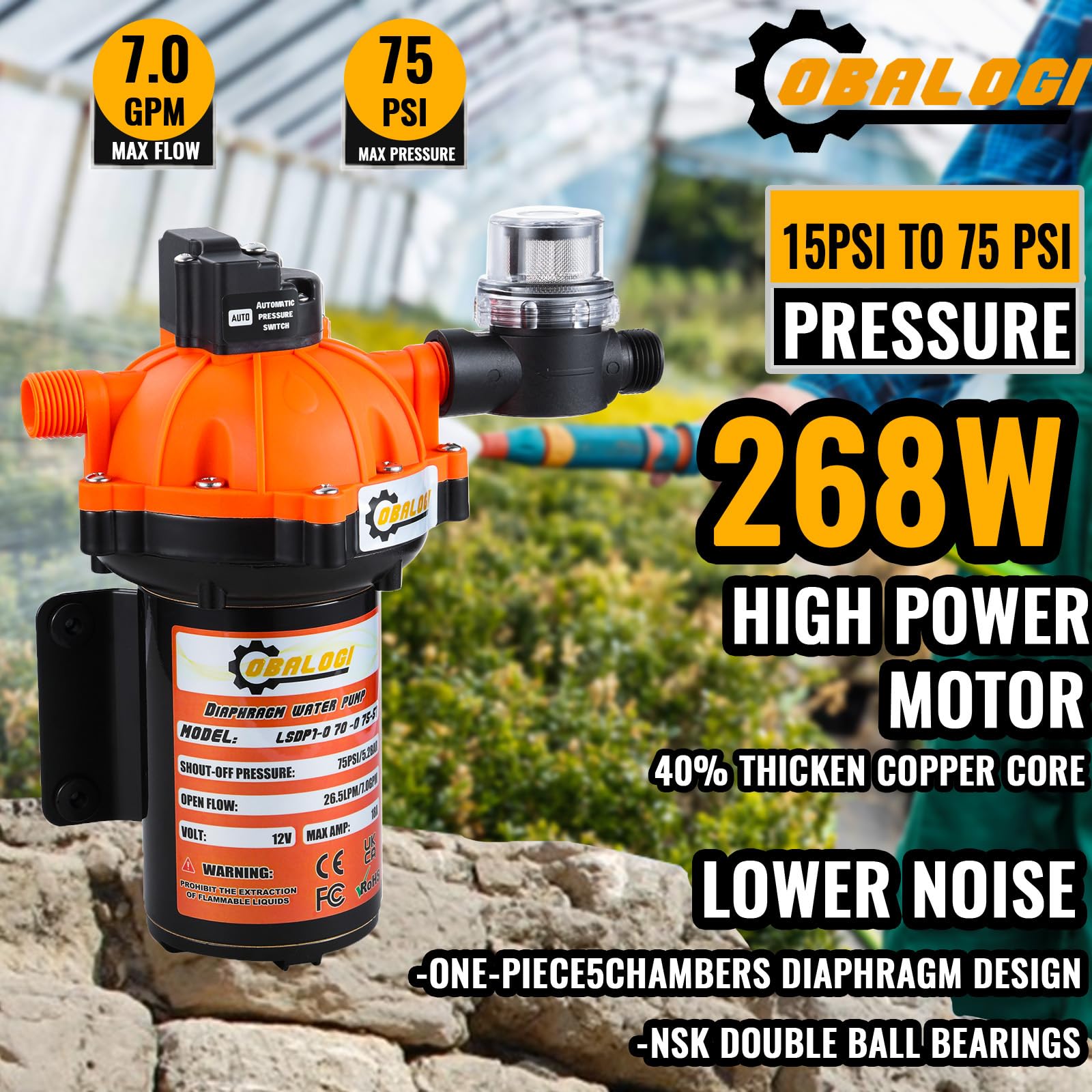12 V DC RV Frischwasserpumpe, 7,0 GPM 75 PSI, selbstansaugende Fünfkammer-Membranpumpe, ideal für Wohnmobile, Yachten, Ackerland und Gartenbewässerung, mit robustem Druckschalter und Filter