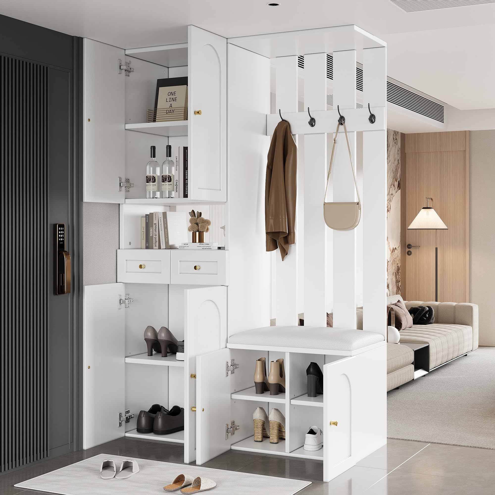 Set di appendiabiti da parete, con scarpiera e scarpiera, 4 ganci, 6 porte, 2 cassetti, bianco (B110 x 180 x 37 cm)