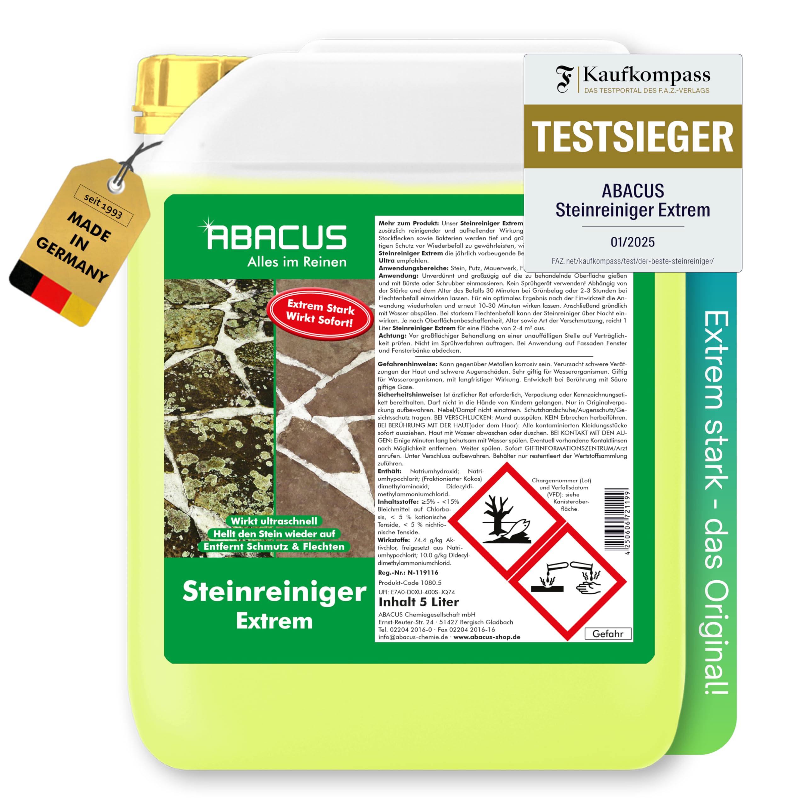 ABACUS® Steinreiniger Extrem, intensiver Steinreiniger für außen mit Sofortwirkung, entfernt sofort Schmutz, Grünbelag, Flechten & Algen in Minuten, Steinreiniger Intensiv außen 5 Liter