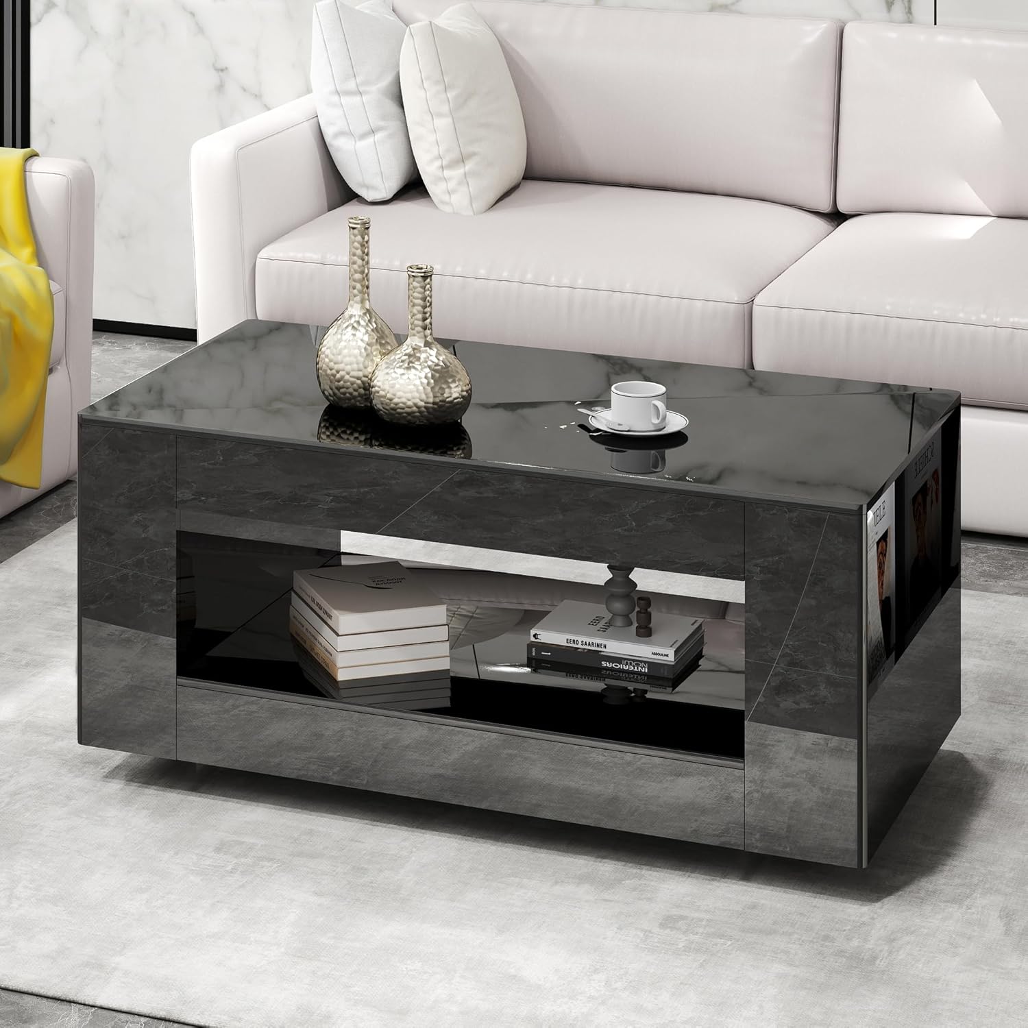 Glossy Coffee Table with Open Shelf Storage - High Gloss Modern Cocktail Table for Living Room, Bedroom, Office