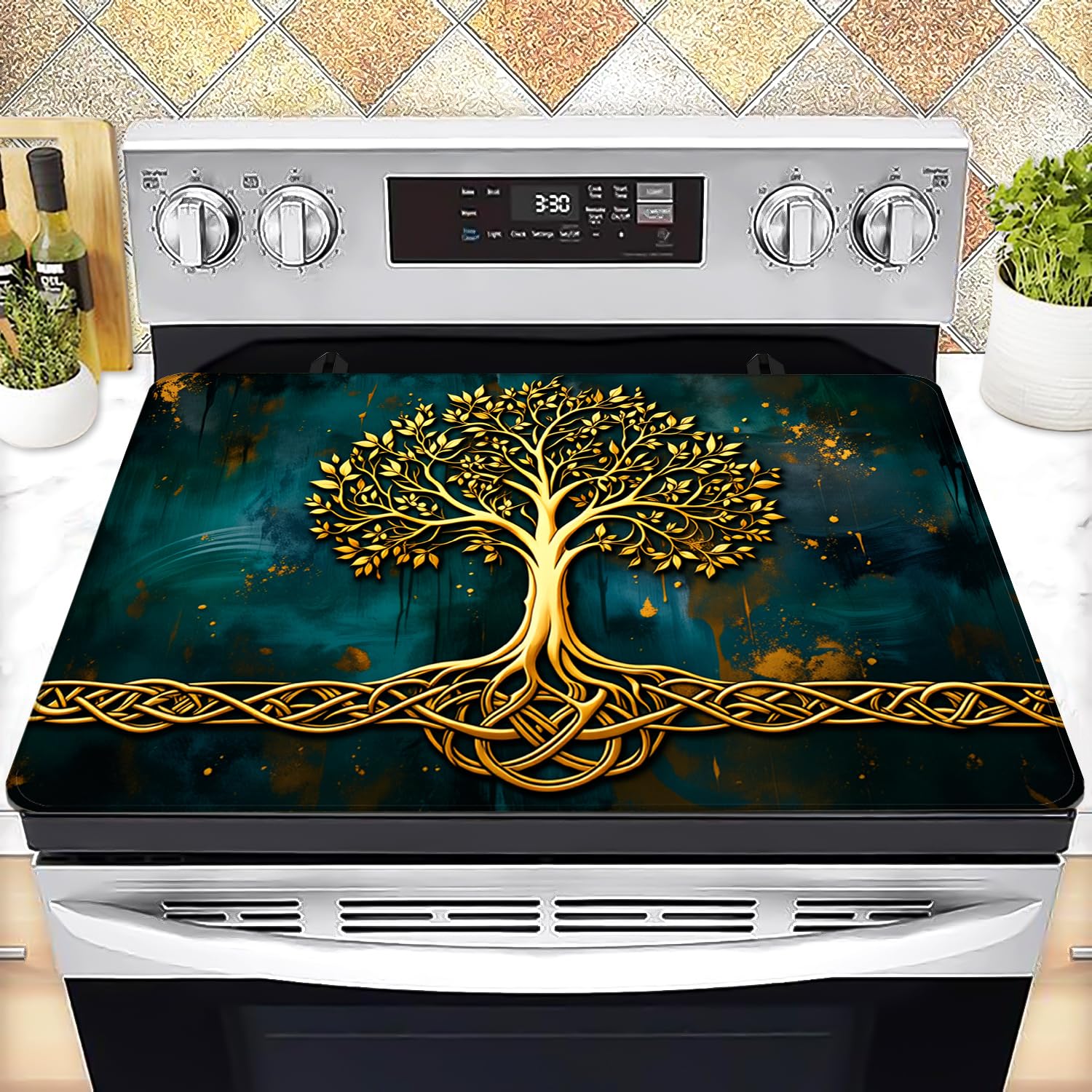 Stove Top Cover for Electric Stove 28 "x 20 ", Tree of Life Heat Resistant Glass Top Stove Cover Protector, Glass Cooktop Covers, Kitchen Electric Flat Stove Top Covers