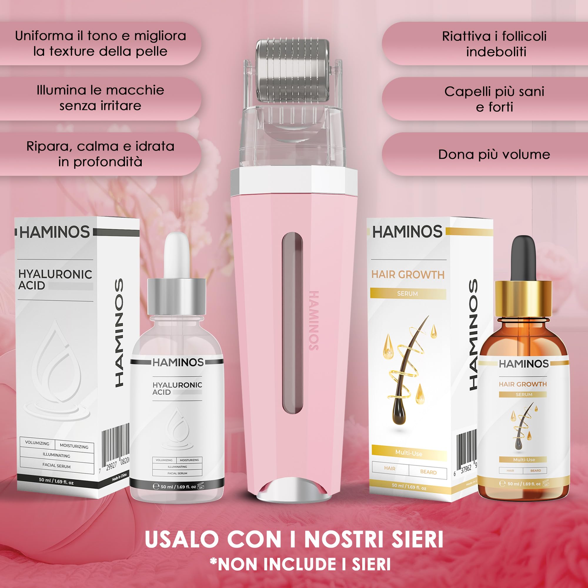 HAMINOS Derma roller 1 mm 3.0 con Serbatoio per Pelle, Capelli, Rughe, Smagliature, Iperpigmentazione APPLICAZIONE DEL SIERO ISTANTANEO, 520 aghi in titanio
