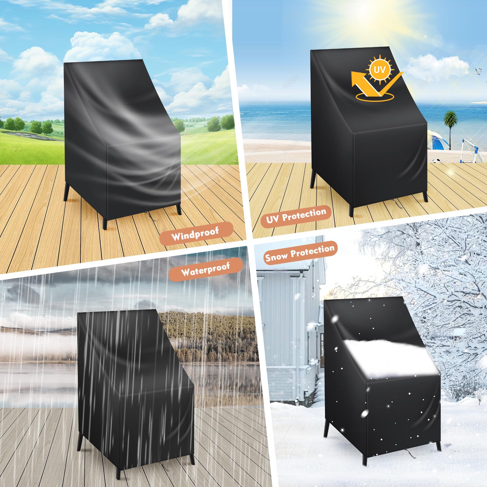 Cozary Copertura Sedie Esterno, 64x64x70/120 cm Impermeabile Copertura Protettiva per Sedie da Esterno, 210D Oxford Anti-UV Copertura Mobili da Giardino - Nero