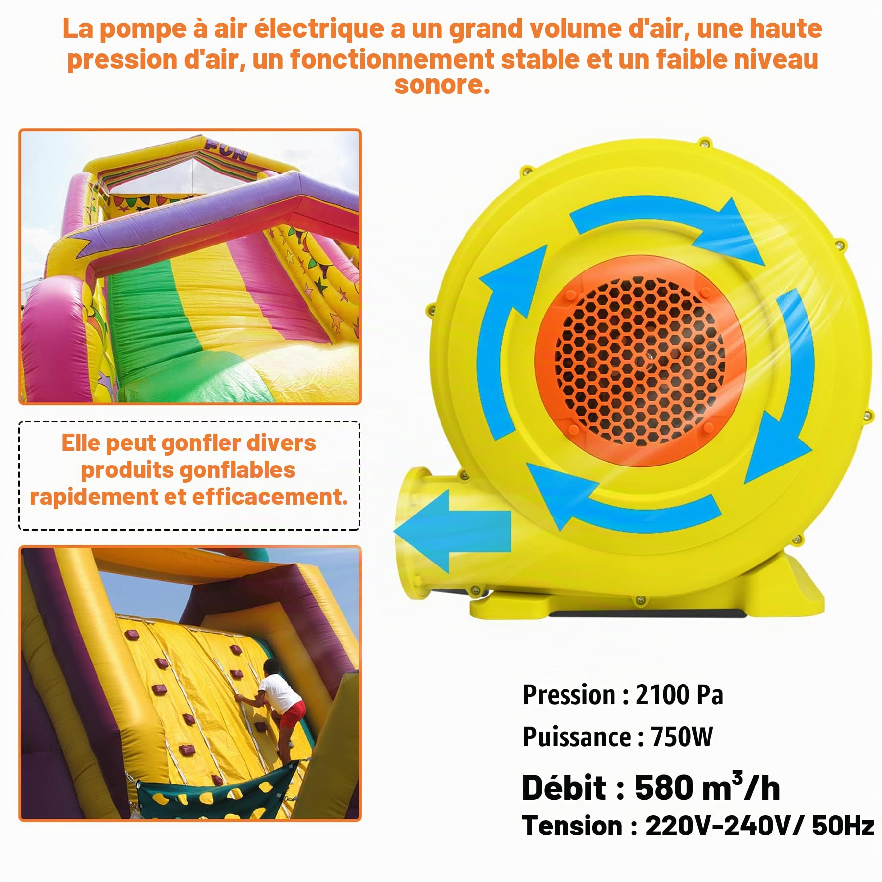 Froadp Ventilateur d'air portable Pompe gonflable électrique 2100Pa Faible Bruit Souffleur jeu gonflable Jaune+Orange