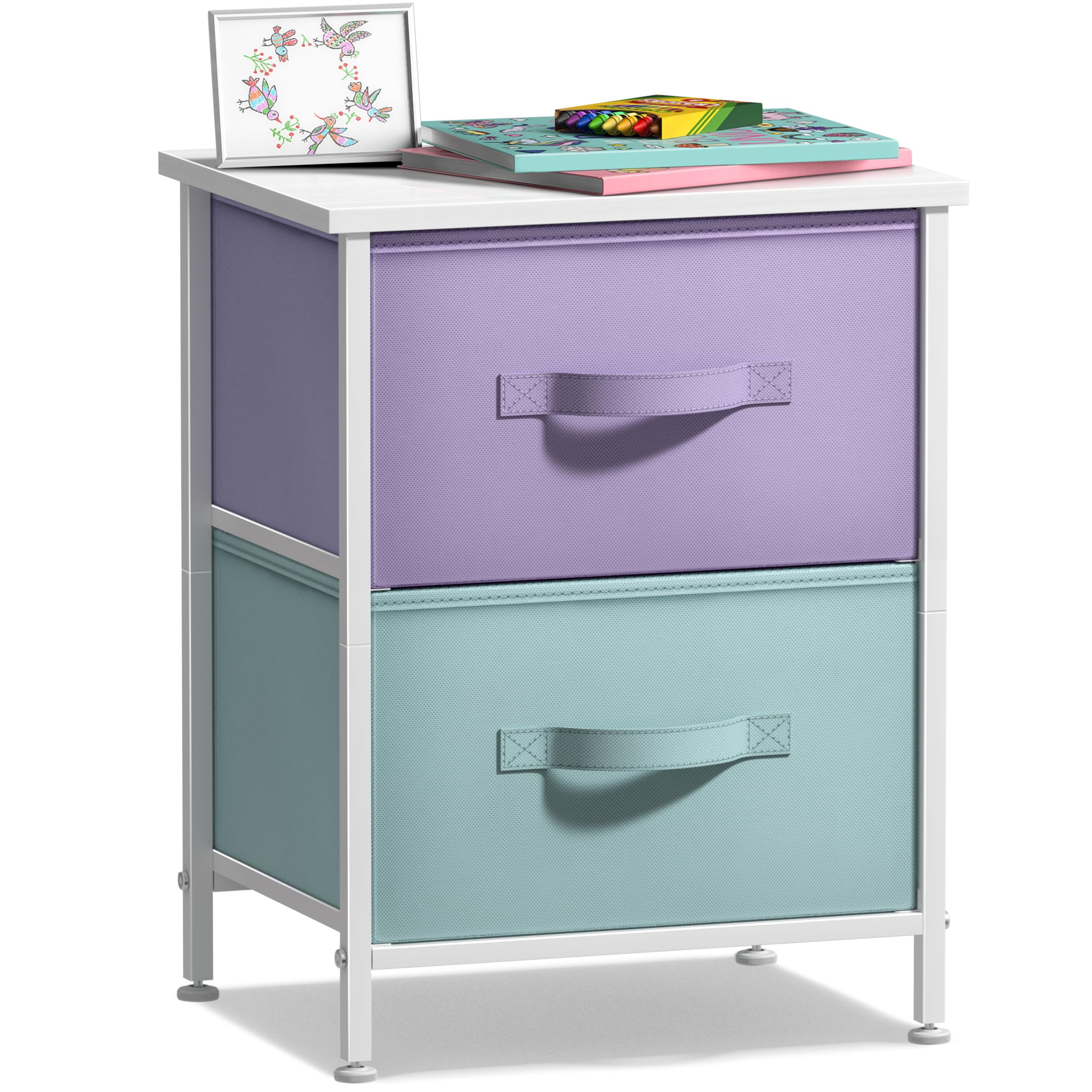 Sorbus Nightstand with 2 Drawers - Kids Bedside Furniture End Table Night Stand - Steel Frame, Wood Top & Easy Pull Fabric Bins - Dresser & Chest for
