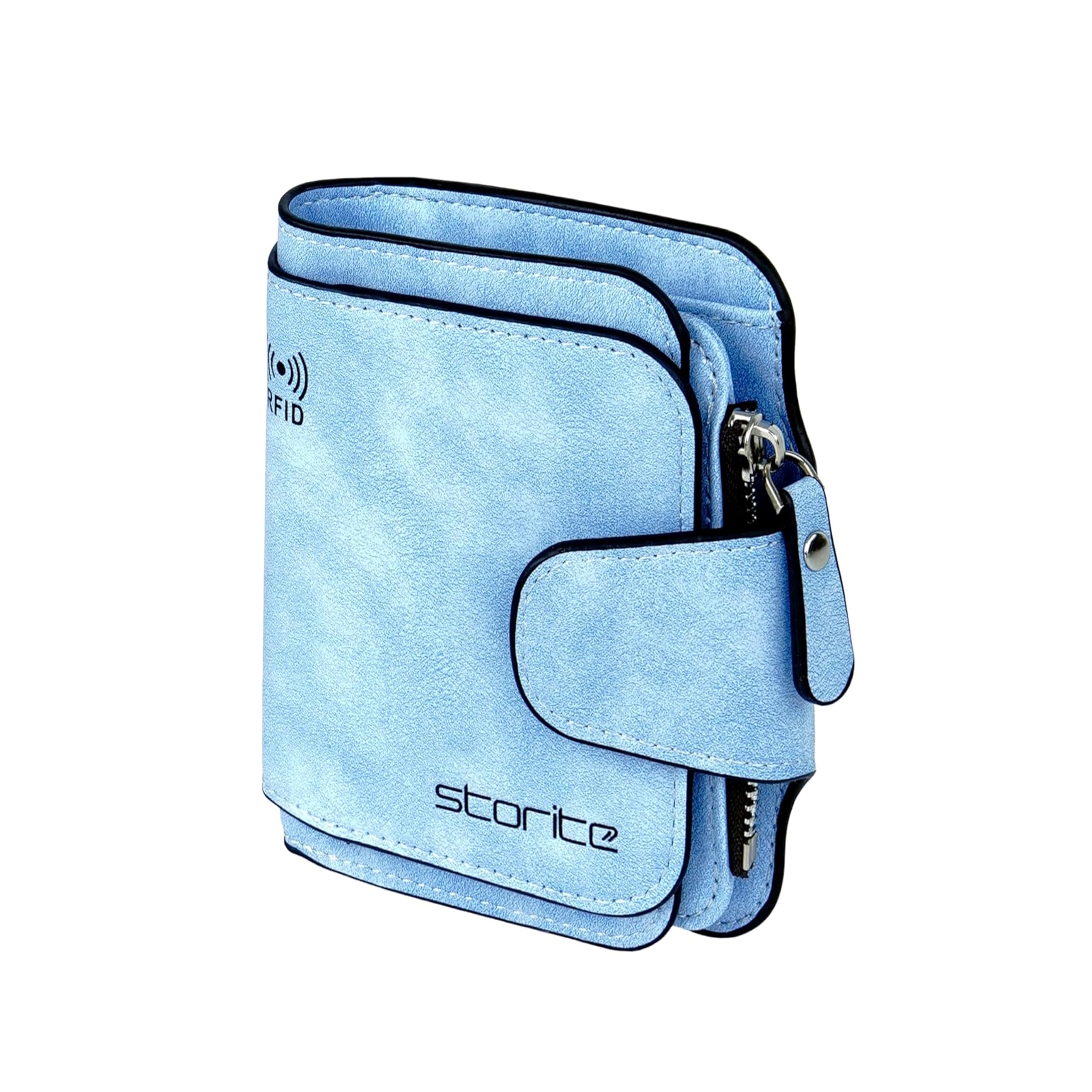 Storite Unisex RFID Blocking PU Leather Wallet Compact Mini Purse with Button Closure (Blue, 11.5 x 9.5 x 2 cm)