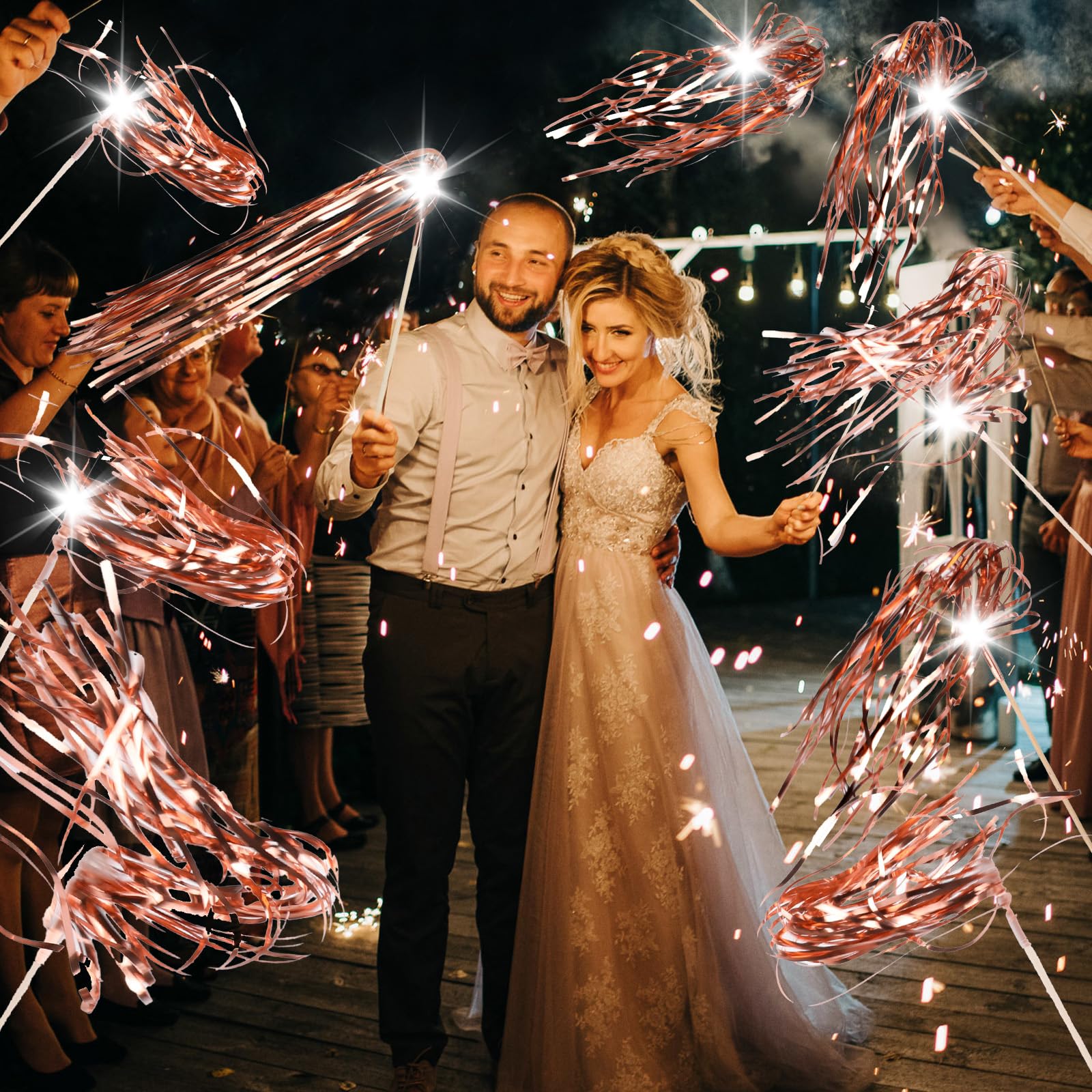 100 varitas de boda iluminadas con espumillón LED para boda, envío y felicitación, accesorios ideales para bodas, fiestas de cumpleaños, juegos de animación de Navidad (oro rosa)