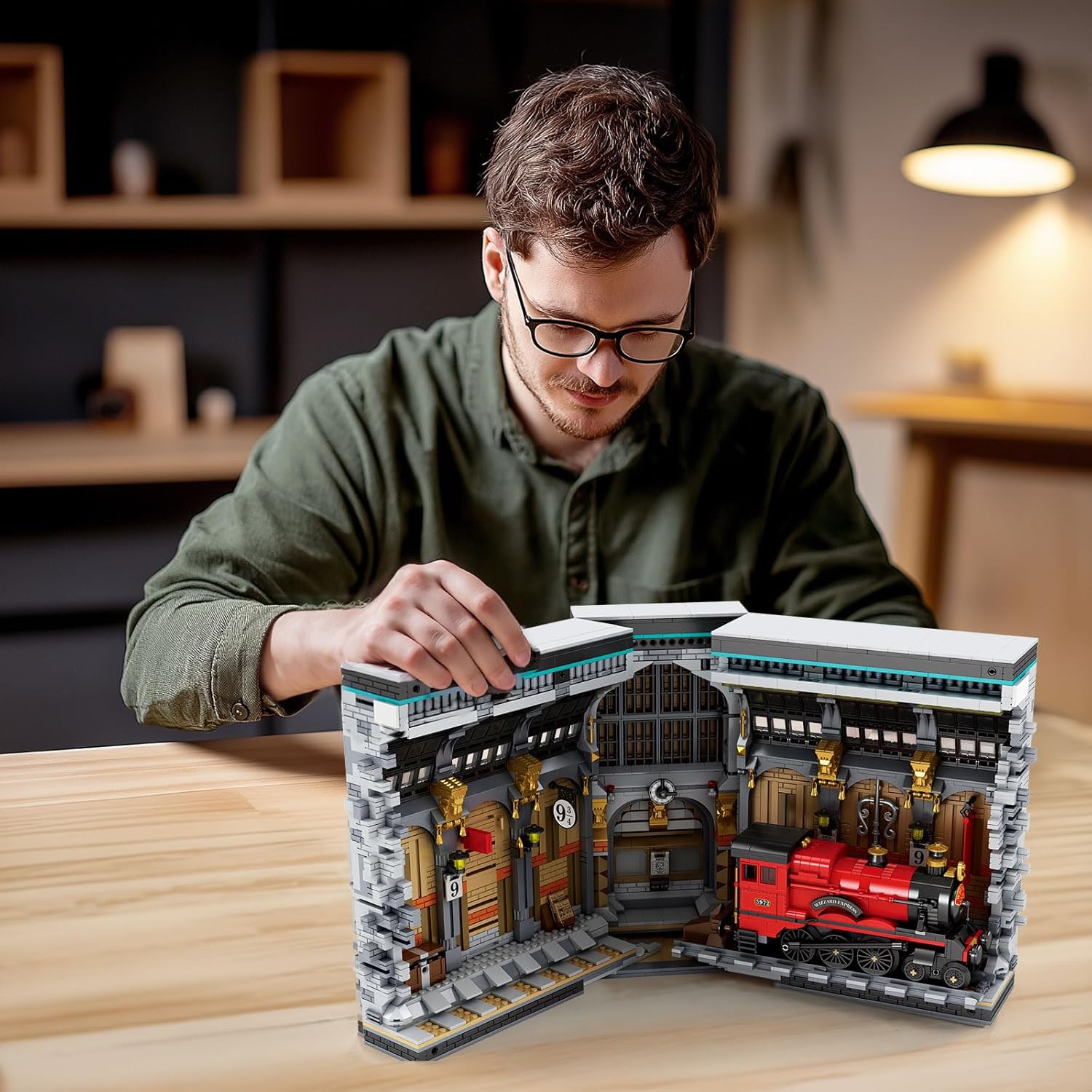 Reobrix Magic Train Booknook Building Set with Lights, Creative Bookends Building Kit 66031, Bookshelf Home Decor, 2795 PCS Book Nook Model Toy Kit, Gift for Teens 14+ and Adults