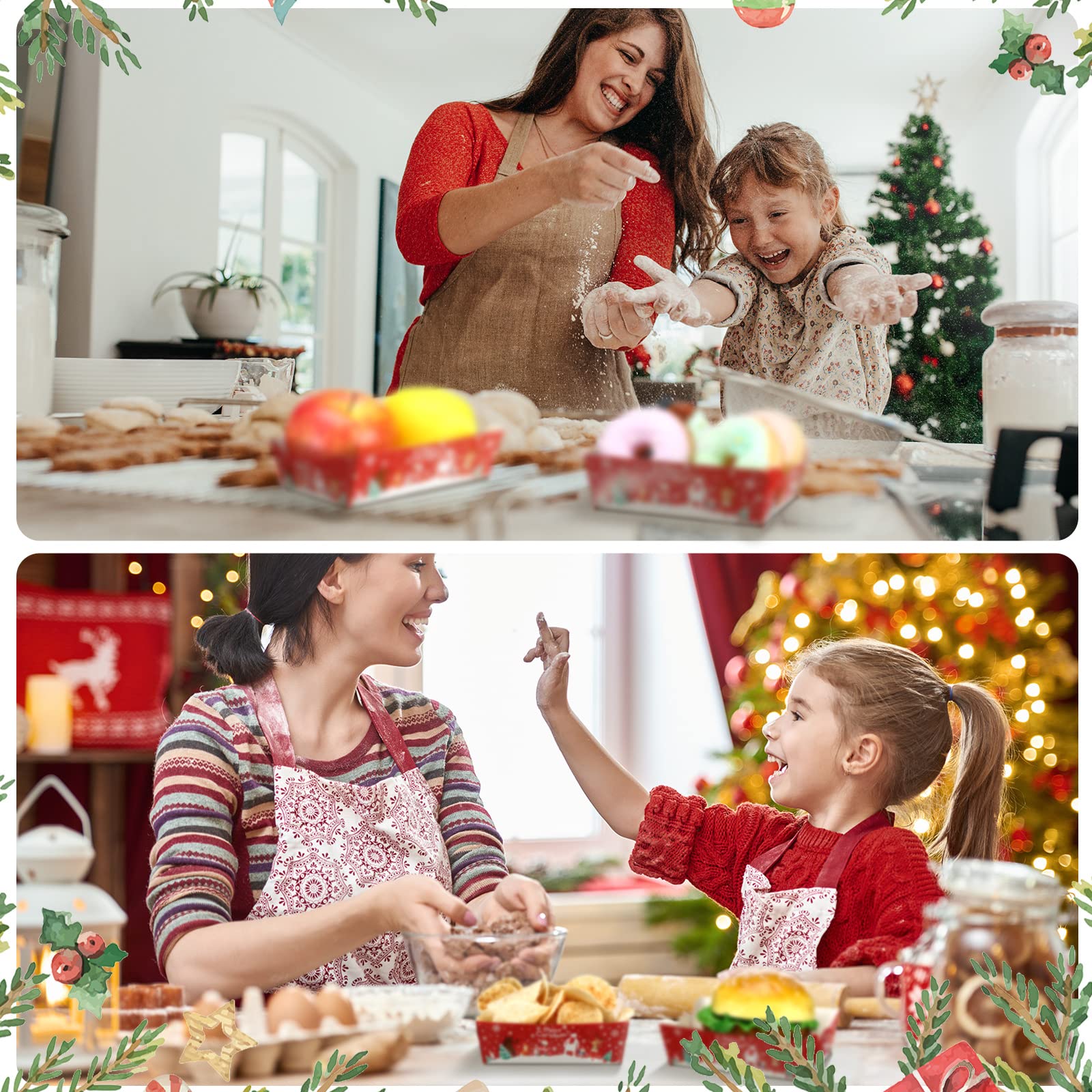 Lot de 40 plateaux à goûter jetables de Noël Rouge/vert pour frites, bonbons et service festif