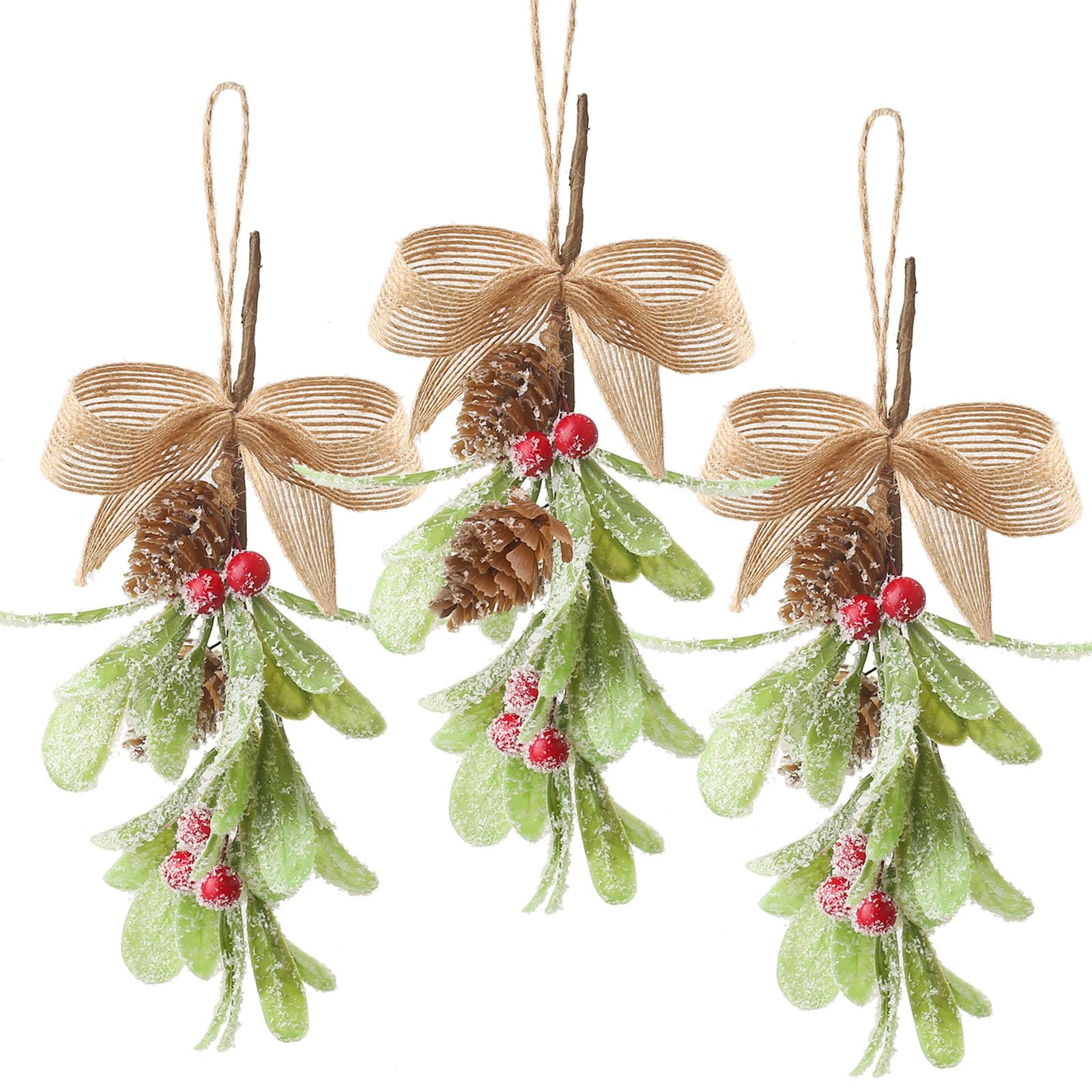 DAHI 3 adornos de muérdago artificial de Navidad con cinta, decoraciones de muérdago para colgar, muérdago artificial, conos de pino, decoración navideña, ramo de adornos