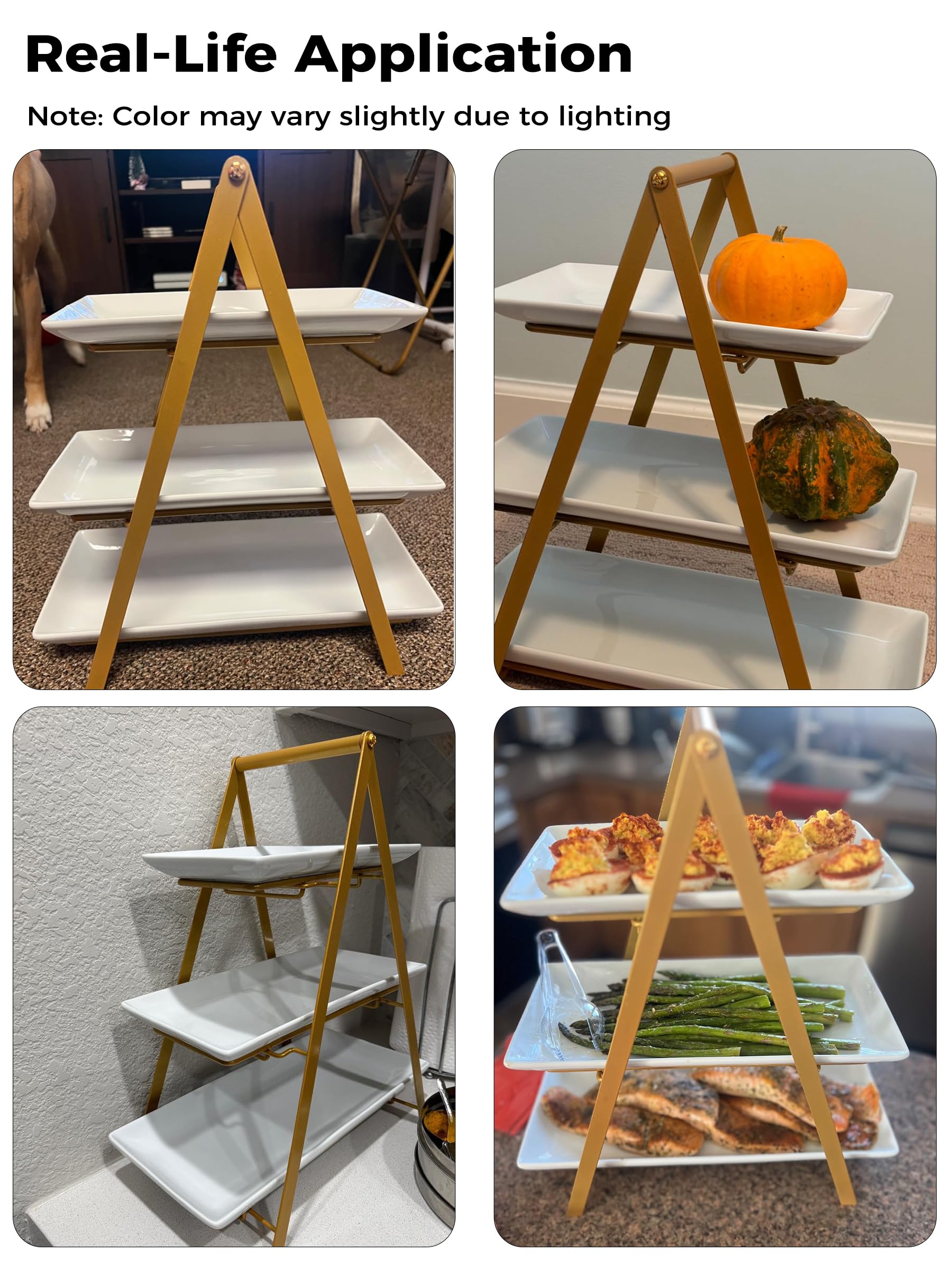 YHOSSEUN Bandeja de servir de 3 niveles, soporte de bandeja escalonada de porcelana, platos y bandejas de servir de 10 + 12 + 14 pulgadas con estante plegable más resistente, soporte de servir de 3