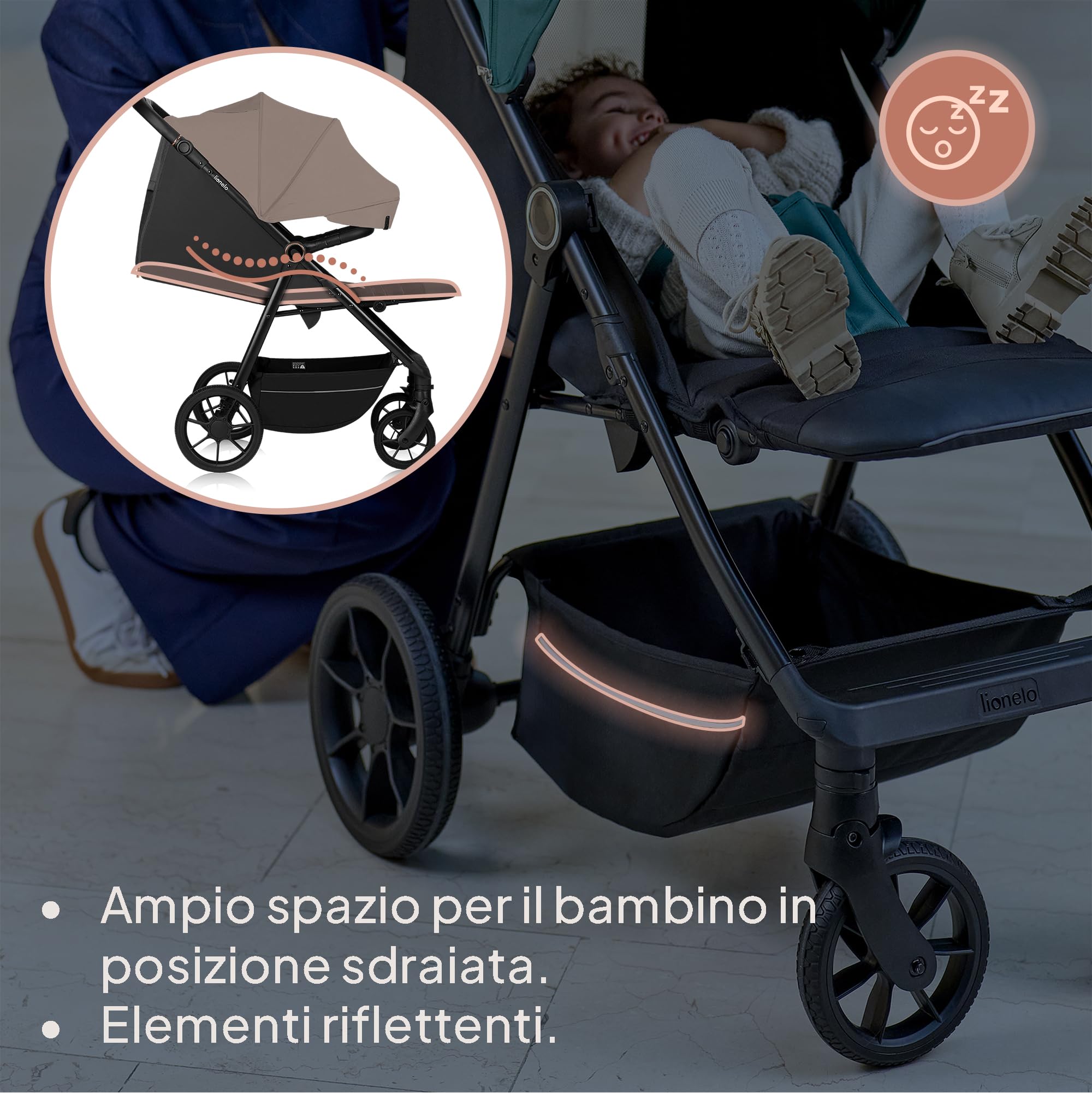 LIONELO Mira Passeggino Compatto e Leggero per Bambini fino a 22 kg | Da 6 Mesi, Ruote Girevoli a 360°, Sospensioni, Schienale e Poggiapiedi Regolabili, Cappottina XXL UPF50+, Ampio Cestino