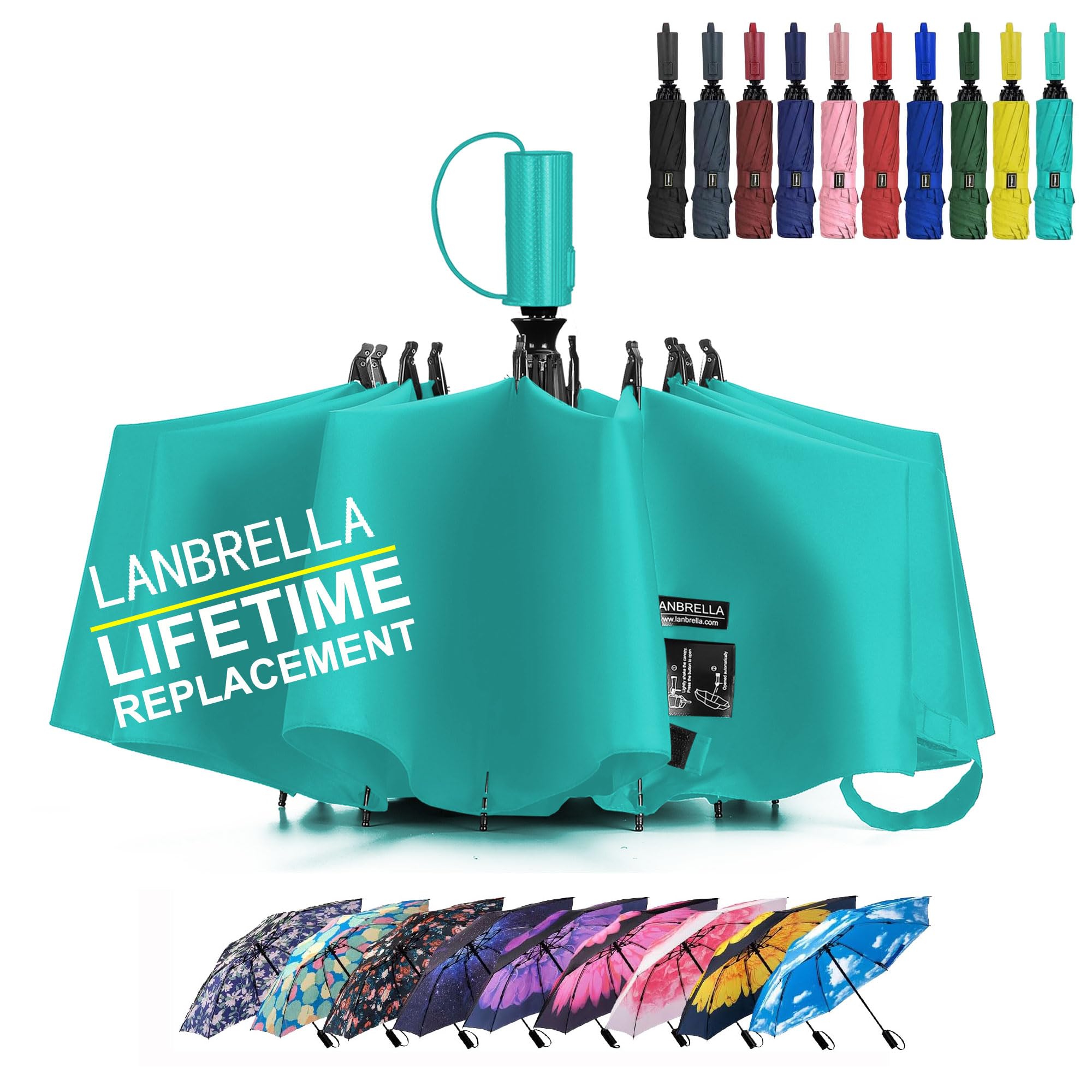 LANBRELLACompact Reverse Folding Umbrella Auto Windproof Travel Umbrella