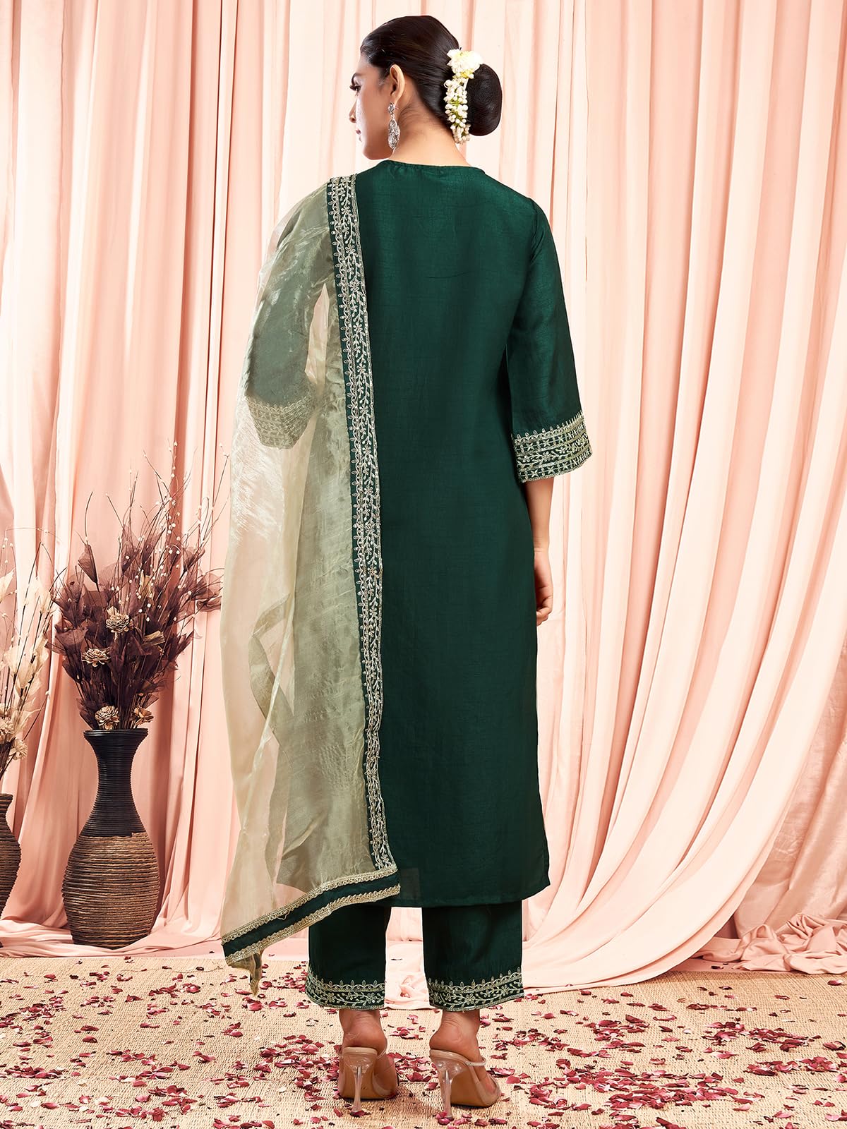 Sanisa Women's Silk Sequence And Embroidery Work Lace Straight Kurta With Pant And Dupatta Set (104Kbd1136Nb-S_Dark Green)