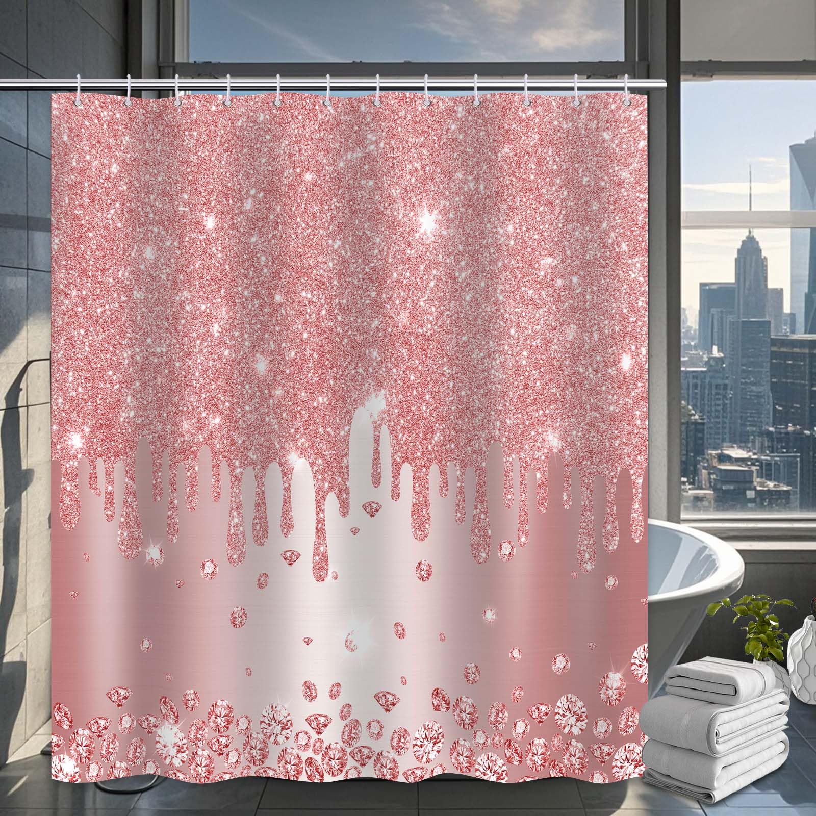 Yieldeer Pink Shower Curtain Sparkle Shimmer Bathroom Decor Shiny Bath Curtain, (No Glitter), Waterproof Cloth Fabric with Hooks, 72x72 inch