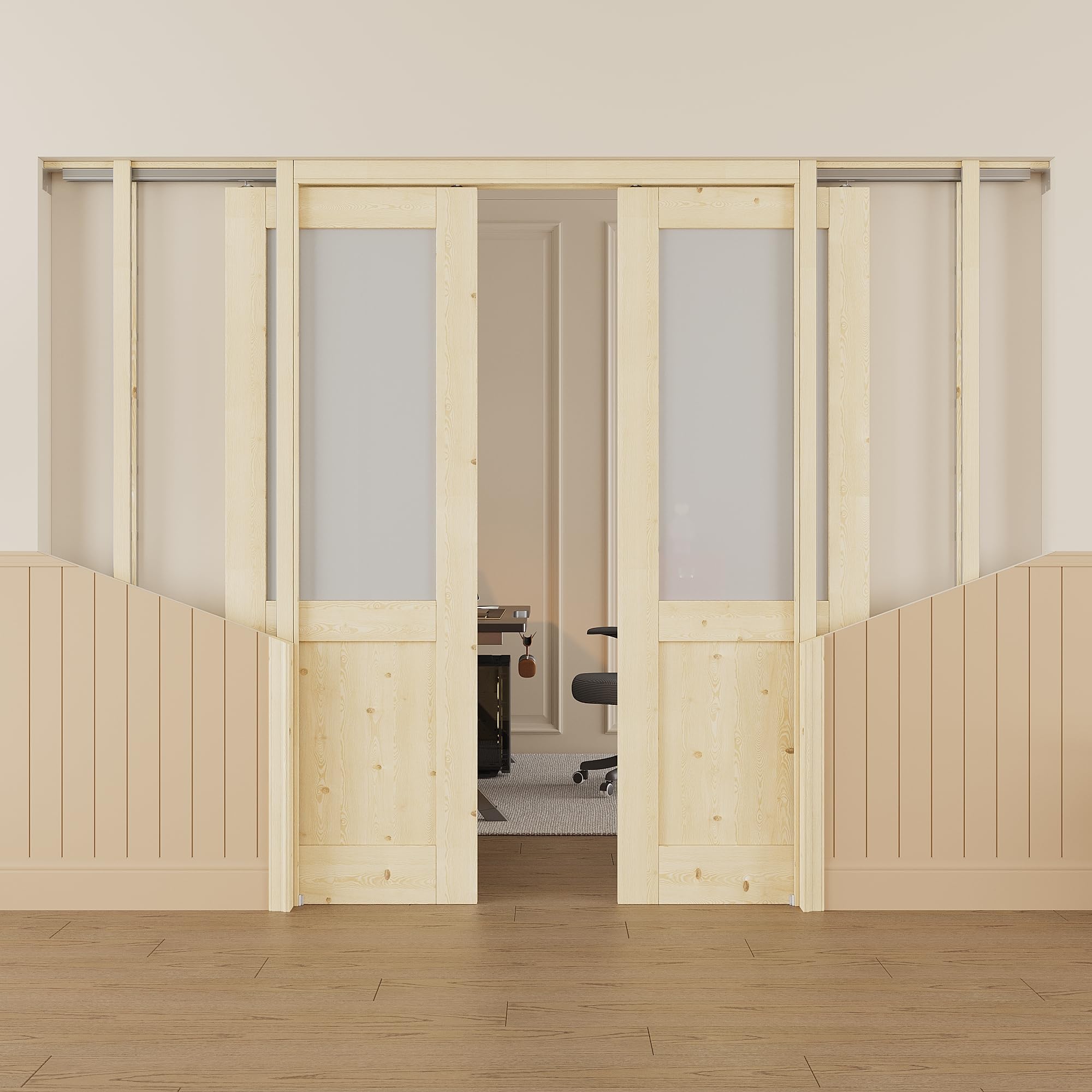 56x80 Sliding Double Pocket Door,Half Lite Frosted Glass Doors,French Door