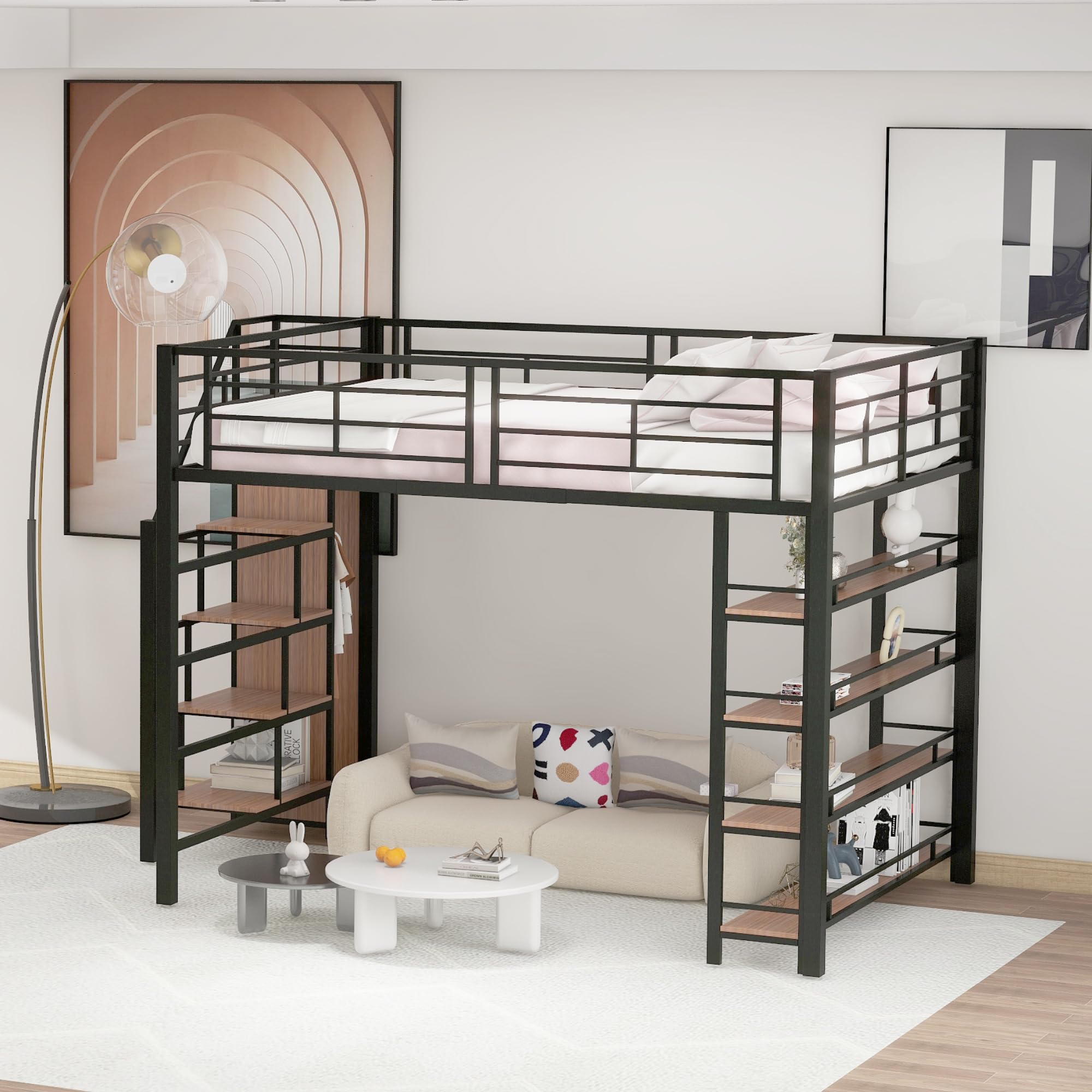 Ampio letto a soppalco 140 x 200 cm, colore nero, con scala di sicurezza, spazio di archiviazione e armadio. Letto multifunzione per ragazzi in metallo, portata fino a 120 kg