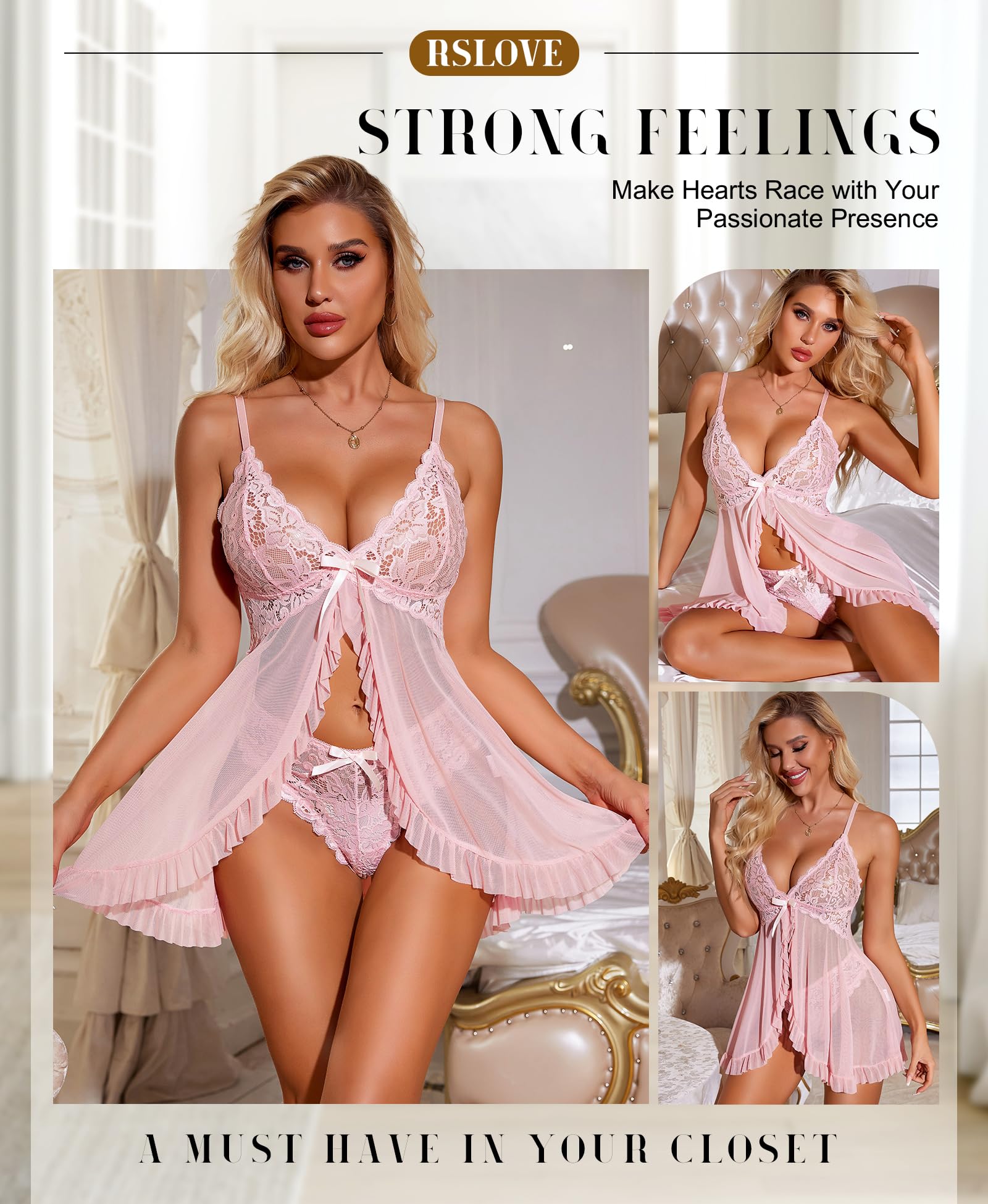 RSLOVE Babydoll - Biancheria intima sexy da donna, in pizzo, camicia da notte