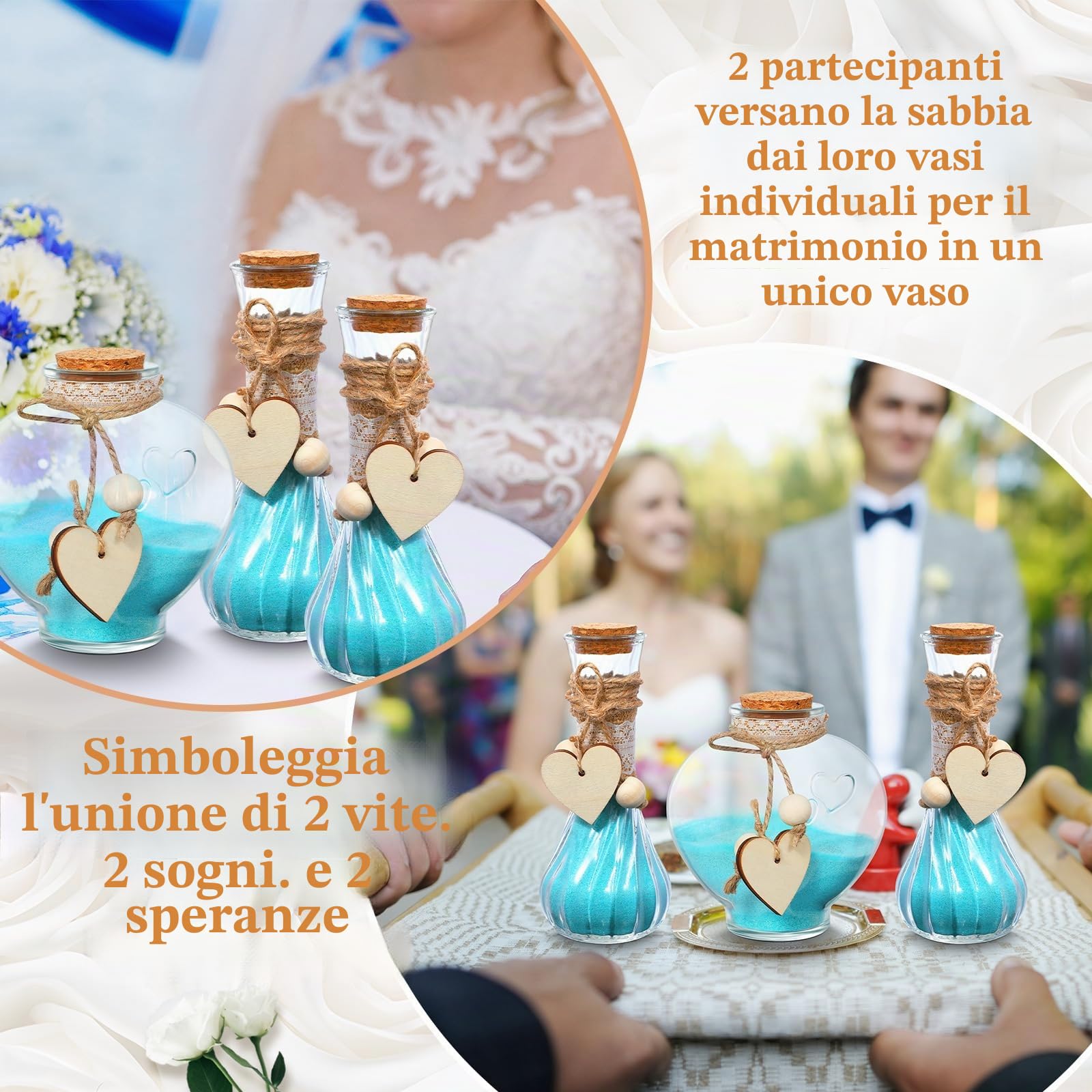 Layhit Il set per cerimonia di sabbia Unity include 3 vasi decorativi con maniche in iuta e pizzo e corda di canapa amore in legno, kit personalizzato per cerimonia nuziale, sabbia non inclusa