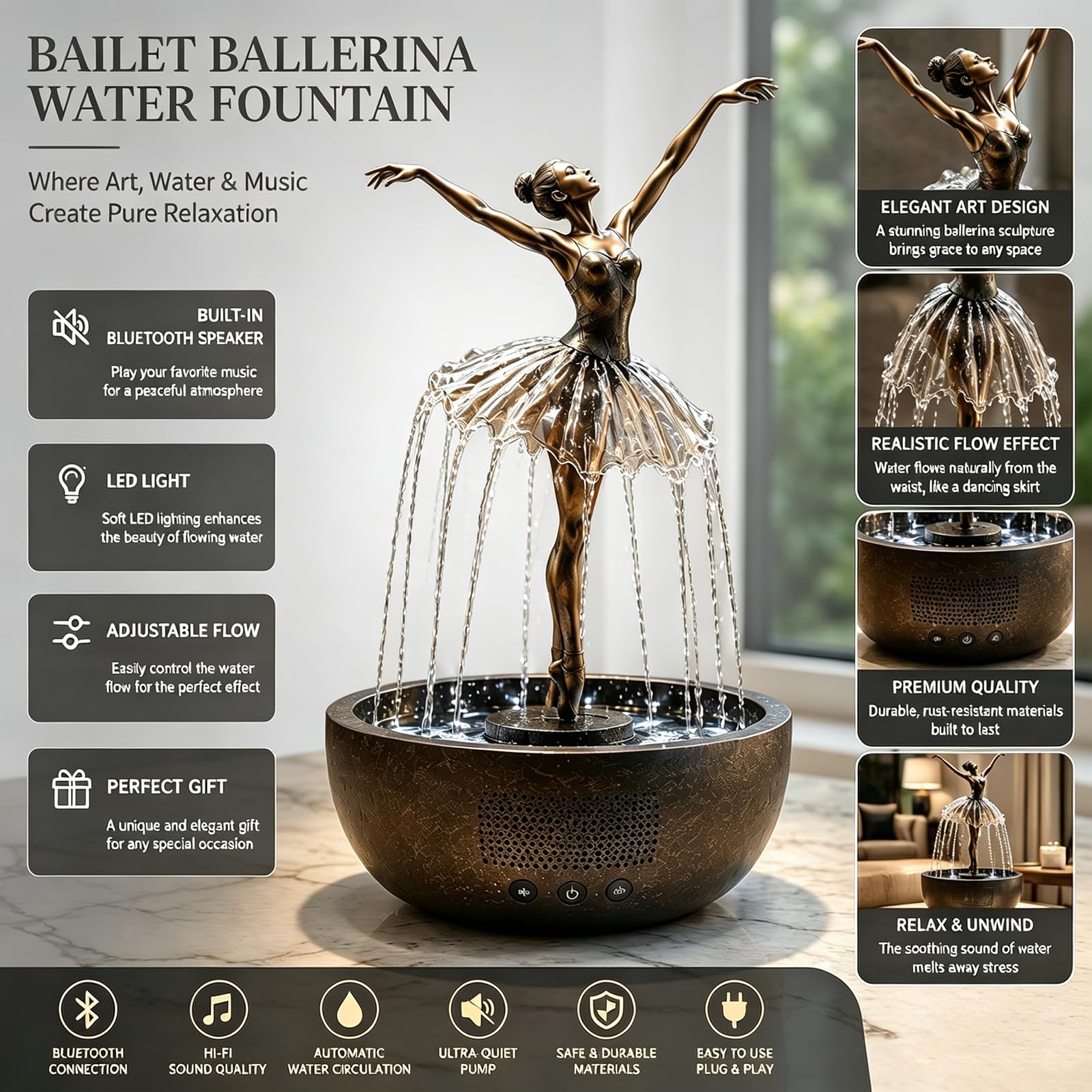 Ballerina Waterfall Fountain, Artistic Sculpture with Flowing Water Skirt, LED Light, Relaxation Decor for Home, Office (#B)