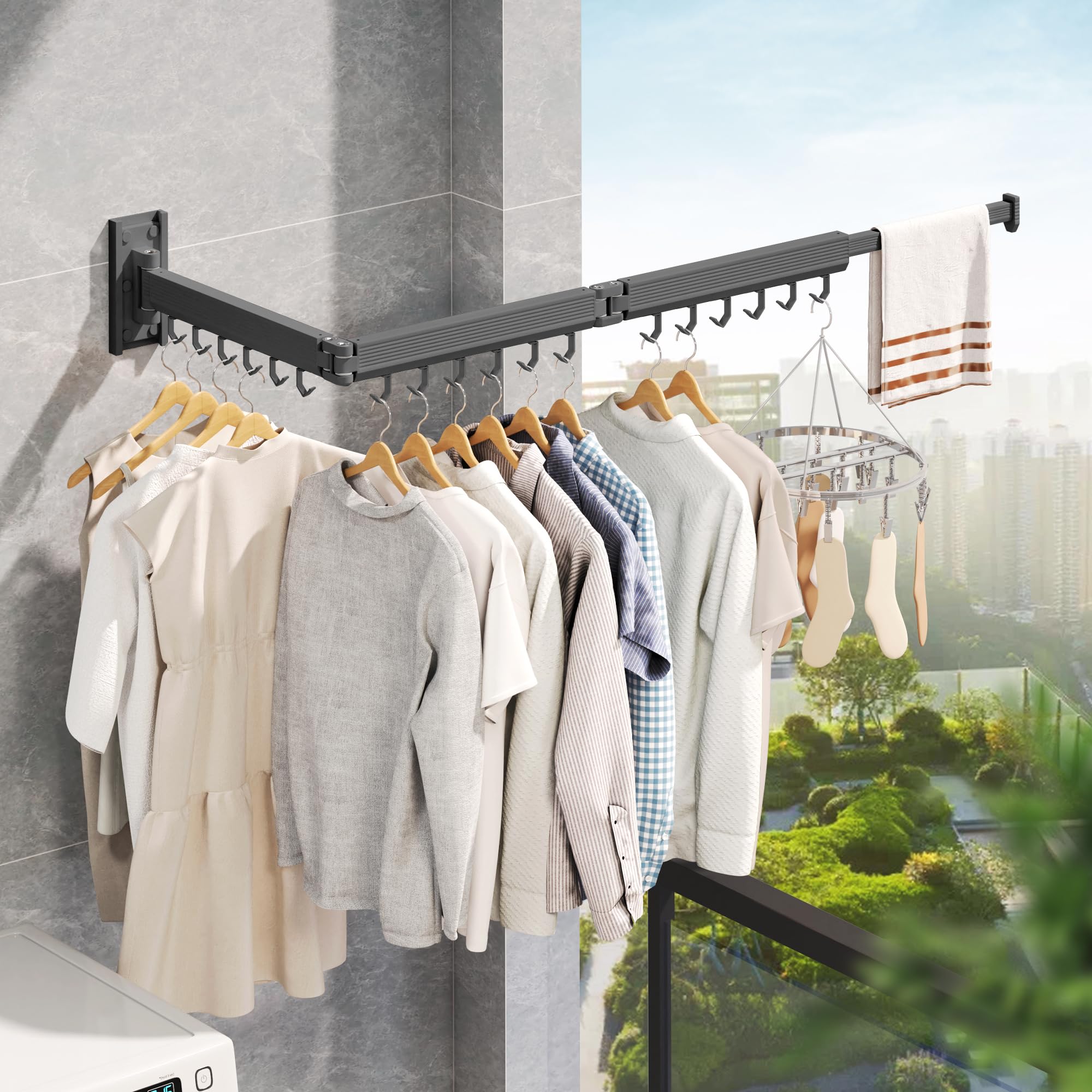 LIENAHU Drying Rack Clothing,Wall Mounted Clothes Drying Rack,Laundry Drying Rack,Folding,Retractable,Collapsible Drying Rack,Hanger Rack for Laundry,Dryer Rack Wall Mount(Grey-Hooks) - Image 4