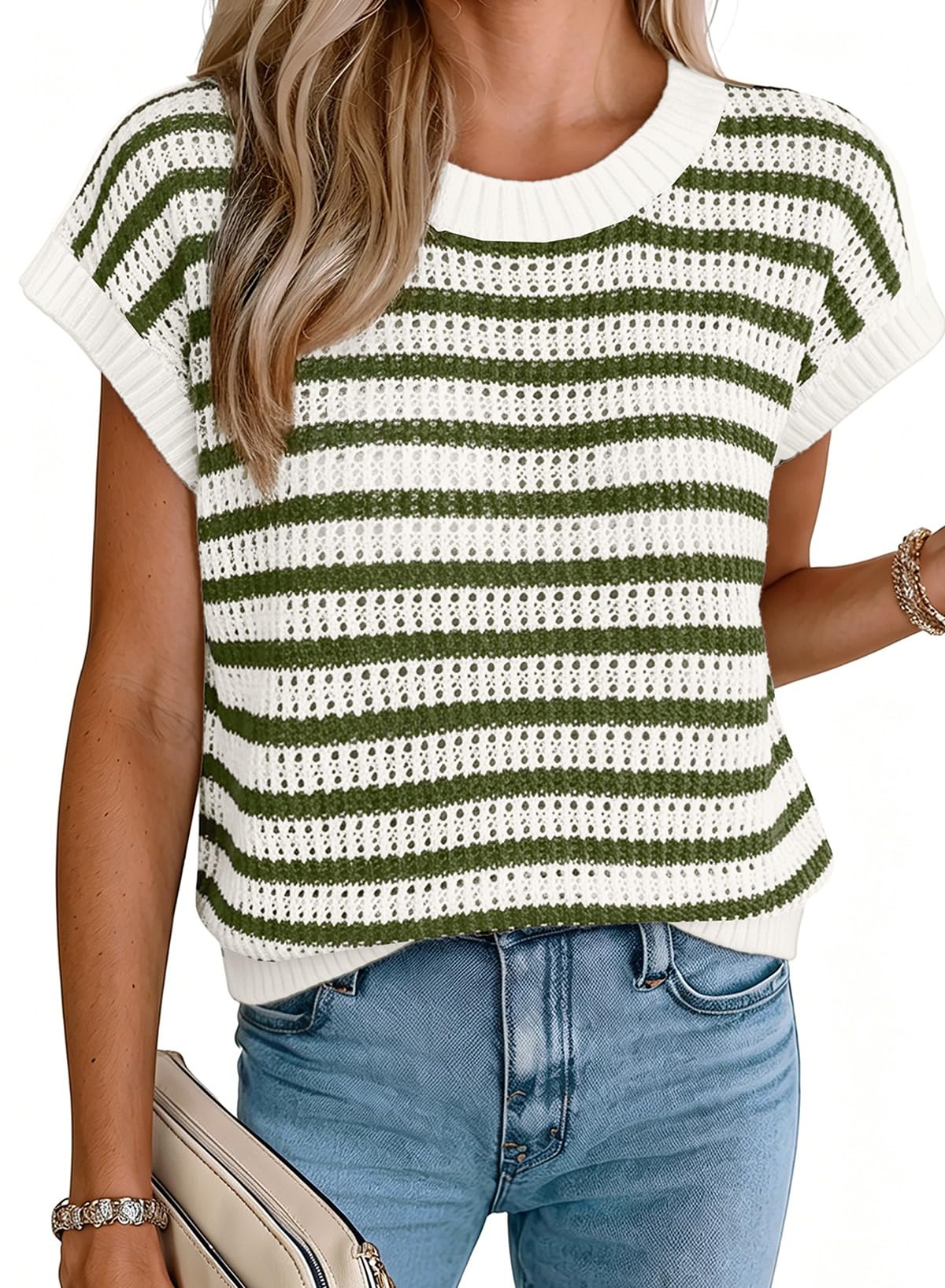 EVALESS Women's Striped Cap Sleeve Sweater Vest Round Neck Tank Top | Dressy Sleeveless Pullovers for Womens, Lightweight Breathable Vests for Ladies, Business Casual Outfits 2026 Summer
