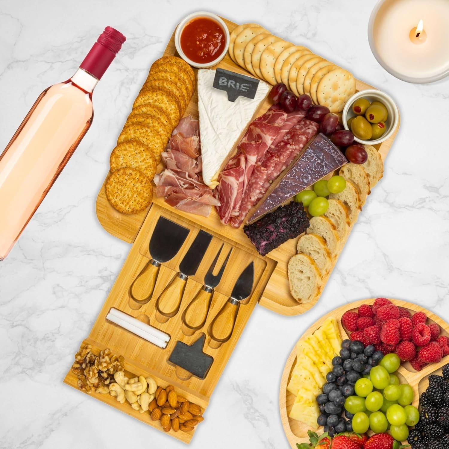 Bamboo Cheese Board Set by Tretappi. Includes Large Charcuterie Board Set. Perfect House Warming Gift, Must-Have Kitchen Essentials or Serving Platter for Housewarming. Ideal Gift for New Home Owners.