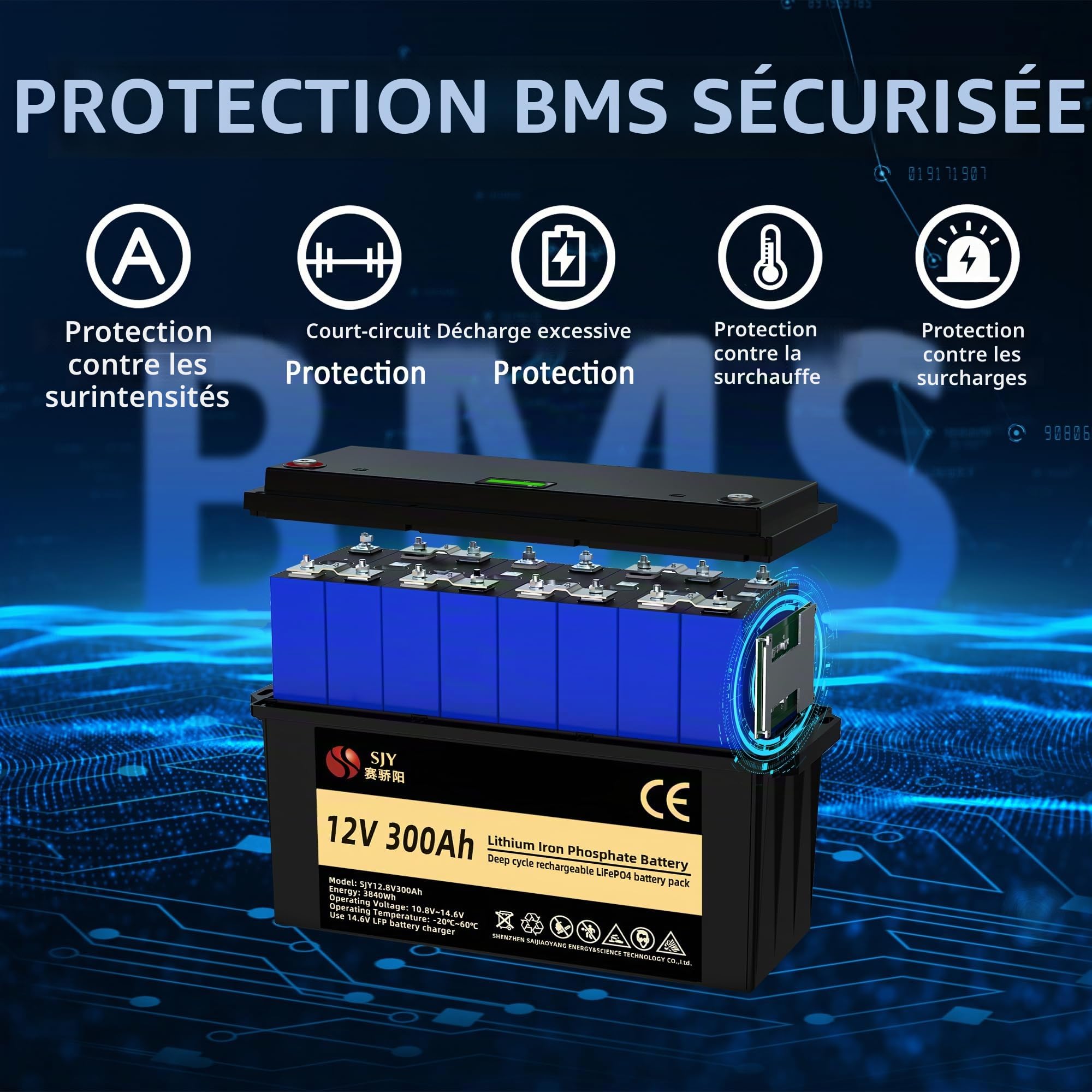 12V 300Ah LifePO4, Batterie au Lithium avec 200A BMS Cycle profond Classe A Batterie LiFePO4 avec LCD Parfait pour Off-Grid, RV, Système Solaire, Bateau, Camper, Remorque de Voyage