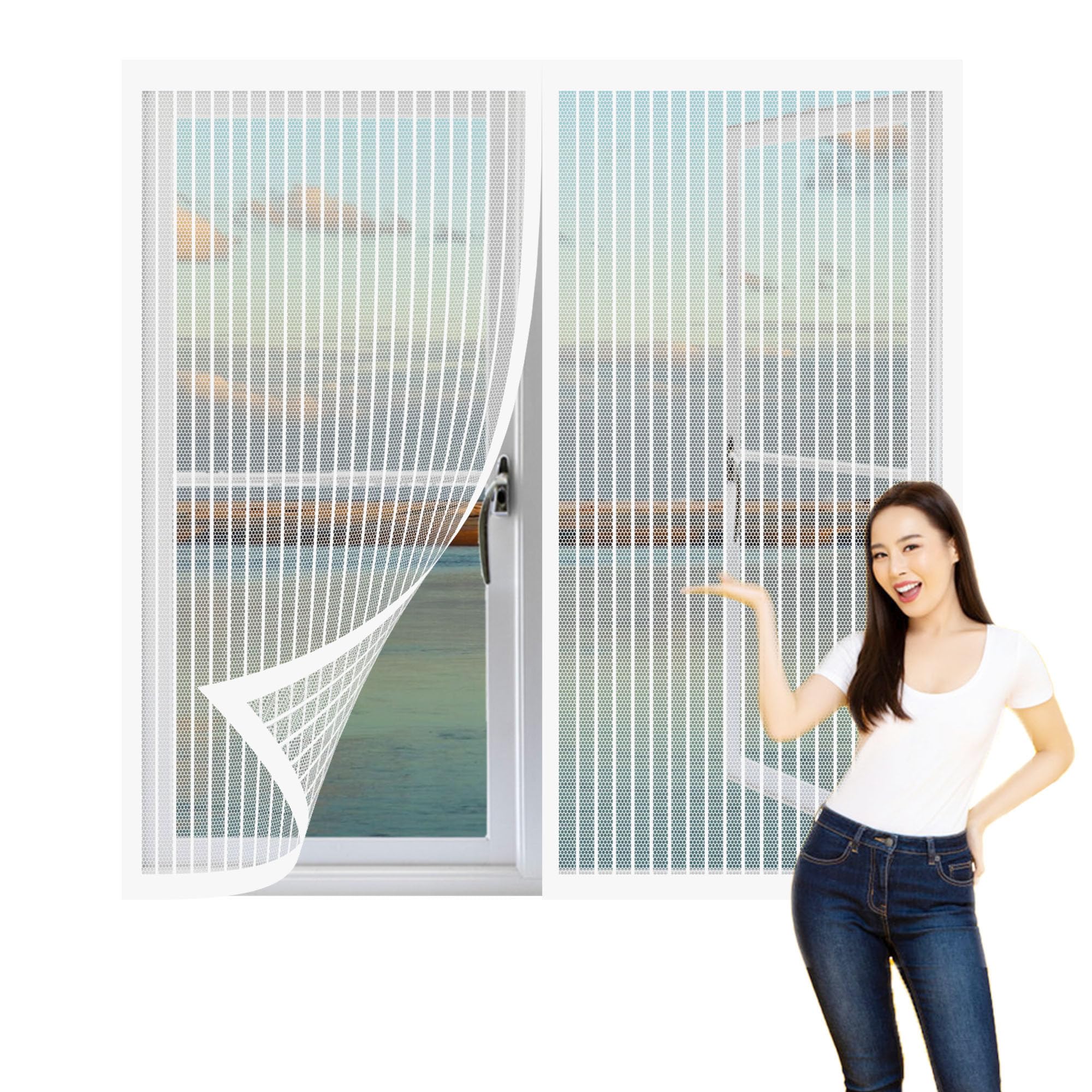 Magnetic Fly Screen Window 130 x 155 cm with Selfadhesive Magnetic Window Fly Screens Easy Installation for Windows Doors and Patio Screens, White
