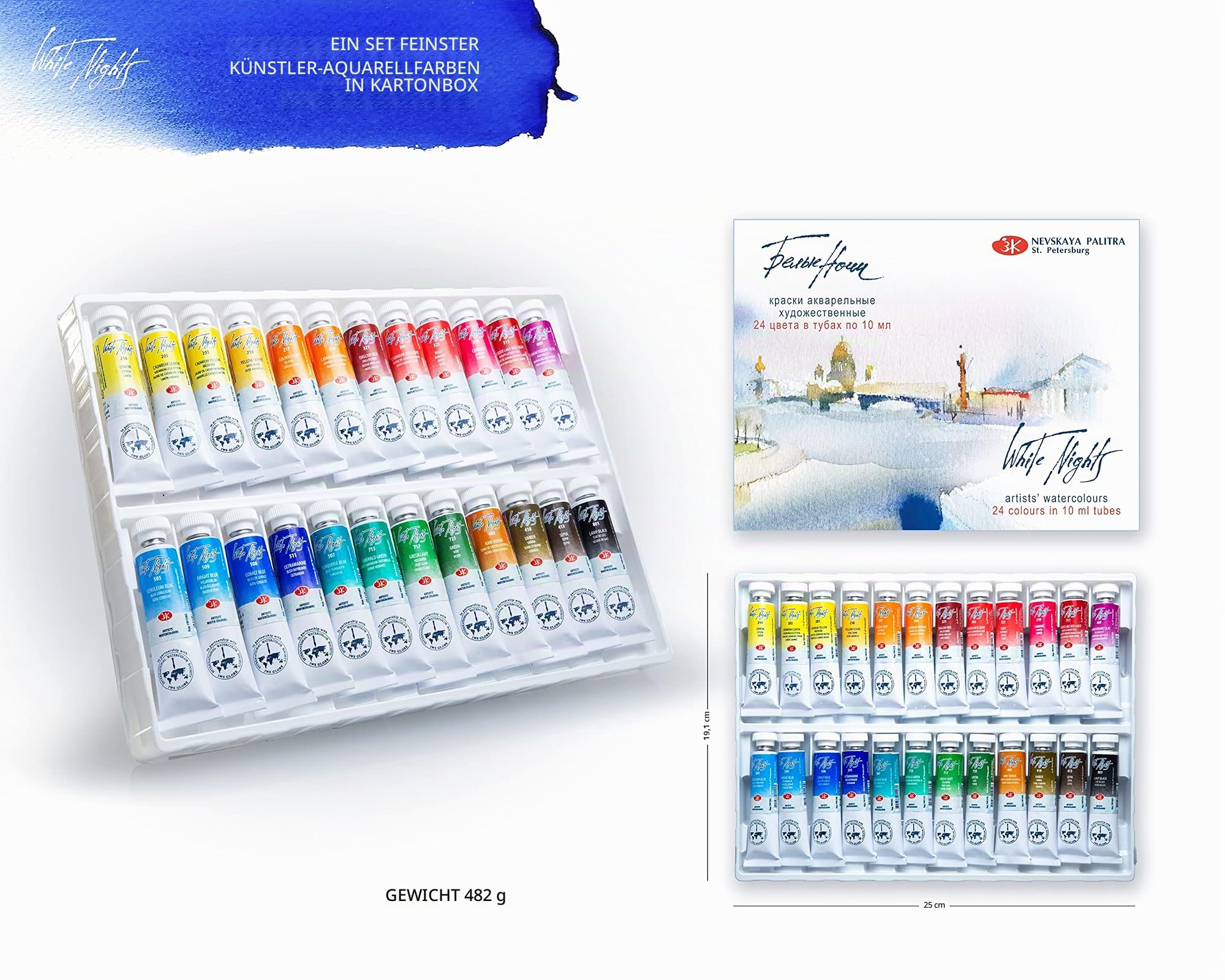 Aquarellfarbe Tuben Set – Professional Grade Künstler Qualität Aquarell - 24 Farben in 10 ml Tuben – Top Range Marke WHITE NIGHTS aus Russland